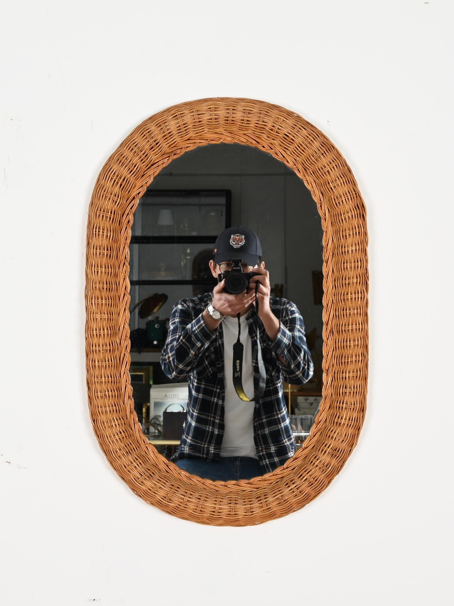 French Riviera Mid-Century Oval Mirror in Woven Rattan Wicker, Italy 1970s For Sale 5