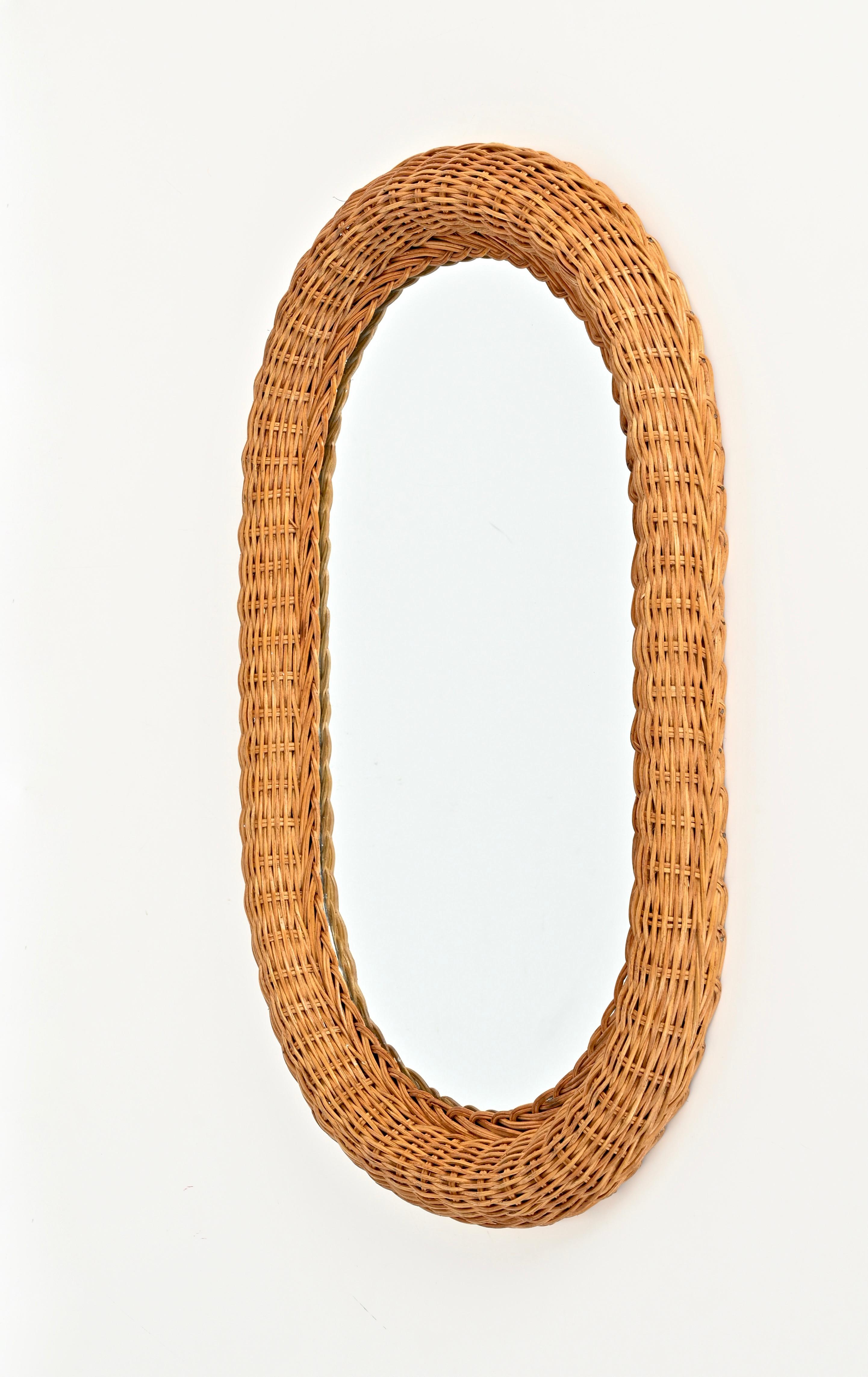 French Riviera Mid-Century Oval Mirror in Woven Rattan Wicker, Italy 1970s For Sale 7