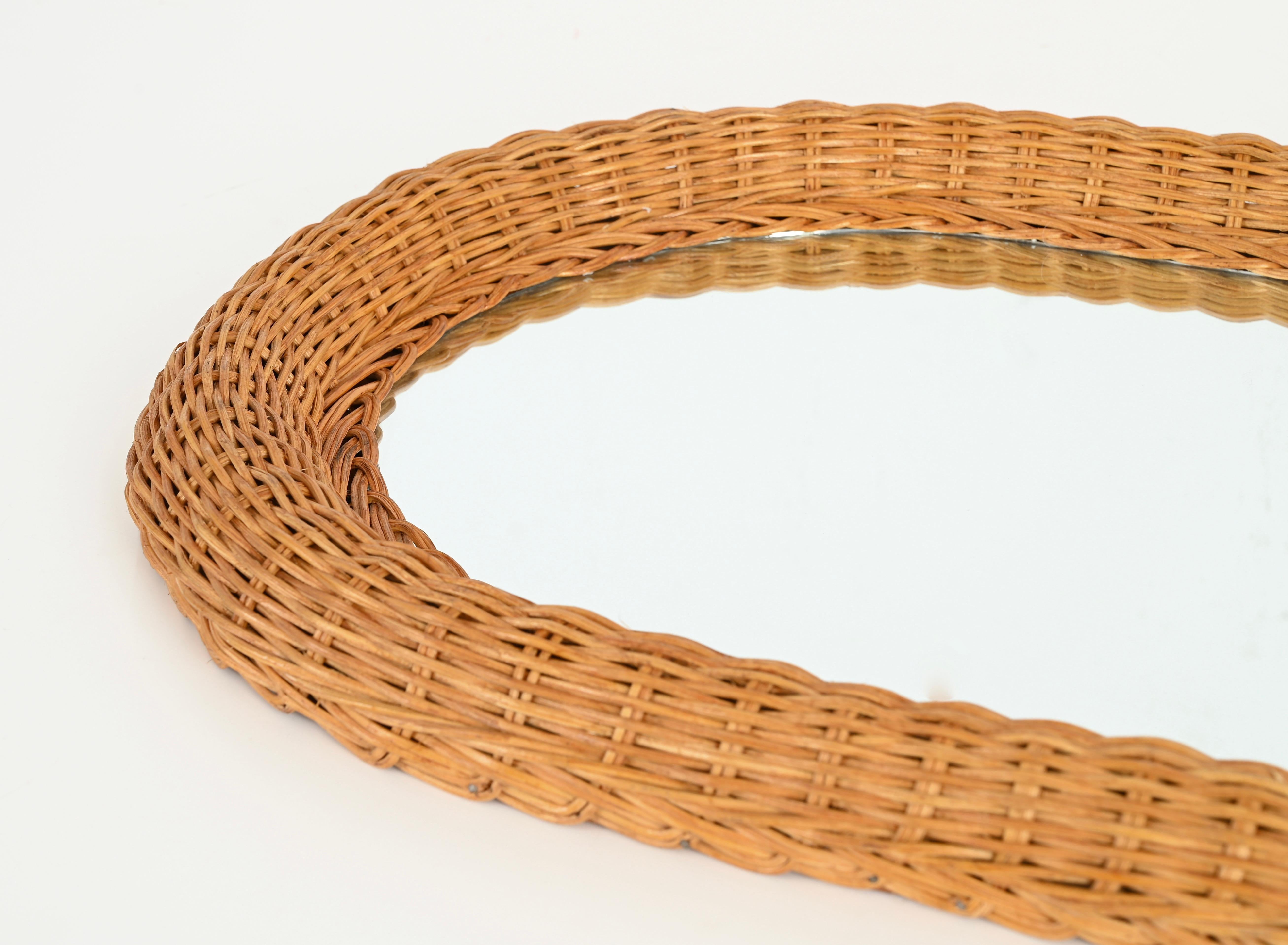 French Riviera Mid-Century Oval Mirror in Woven Rattan Wicker, Italy 1970s For Sale 8