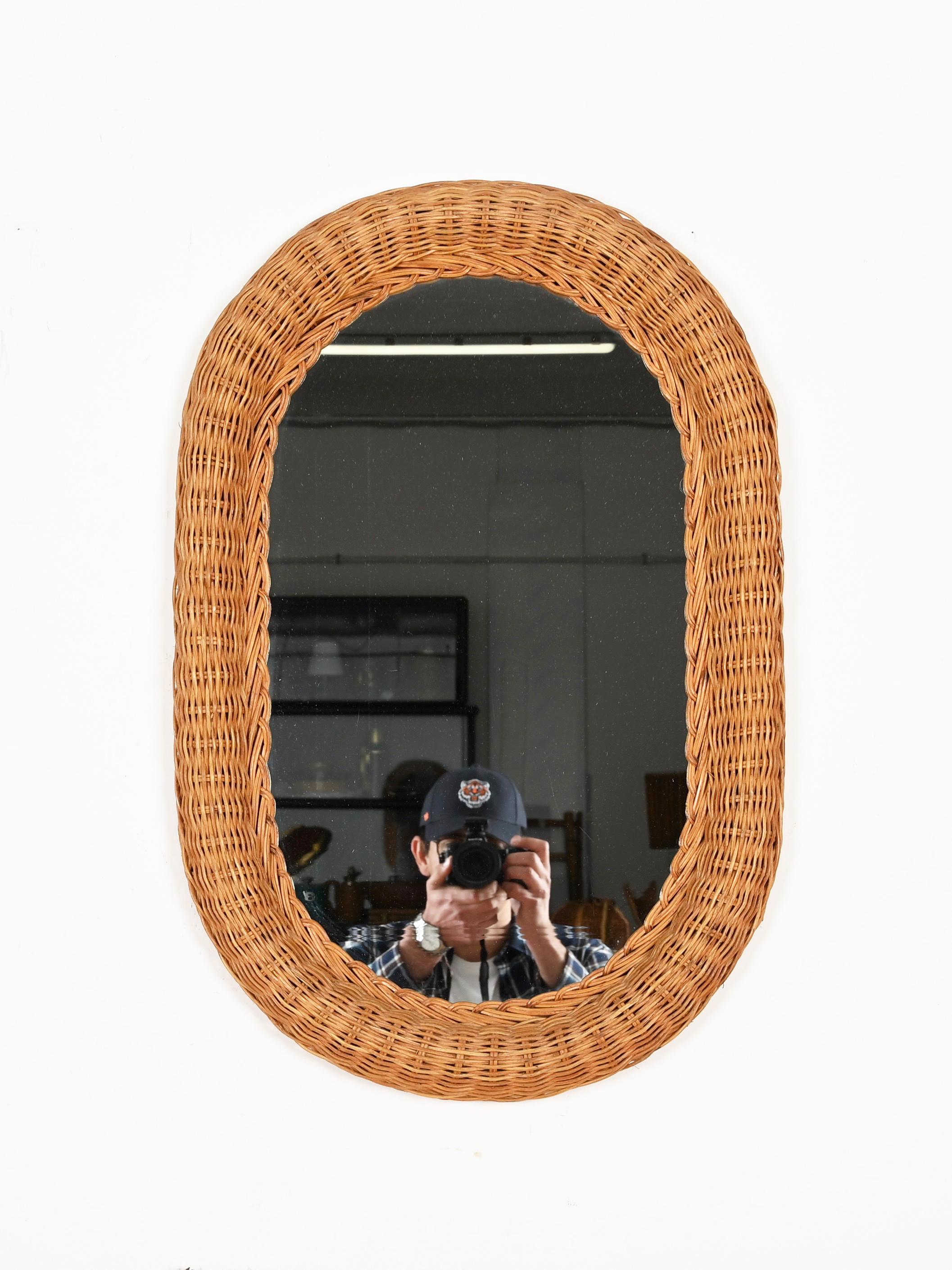 French Riviera Mid-Century Oval Mirror in Woven Rattan Wicker, Italy 1970s For Sale 9
