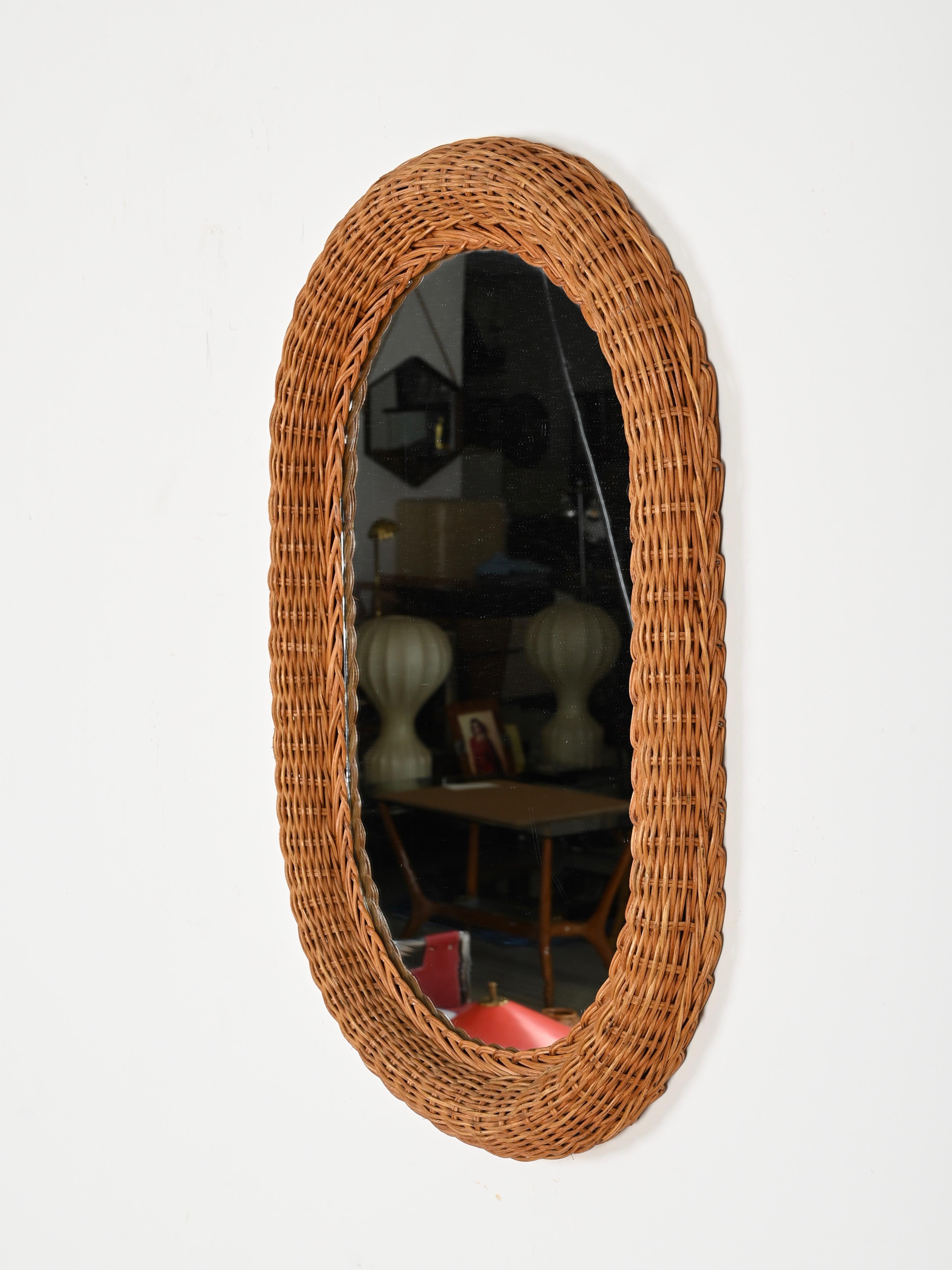 Mid-Century Modern French Riviera Mid-Century Oval Mirror in Woven Rattan Wicker, Italy 1970s For Sale