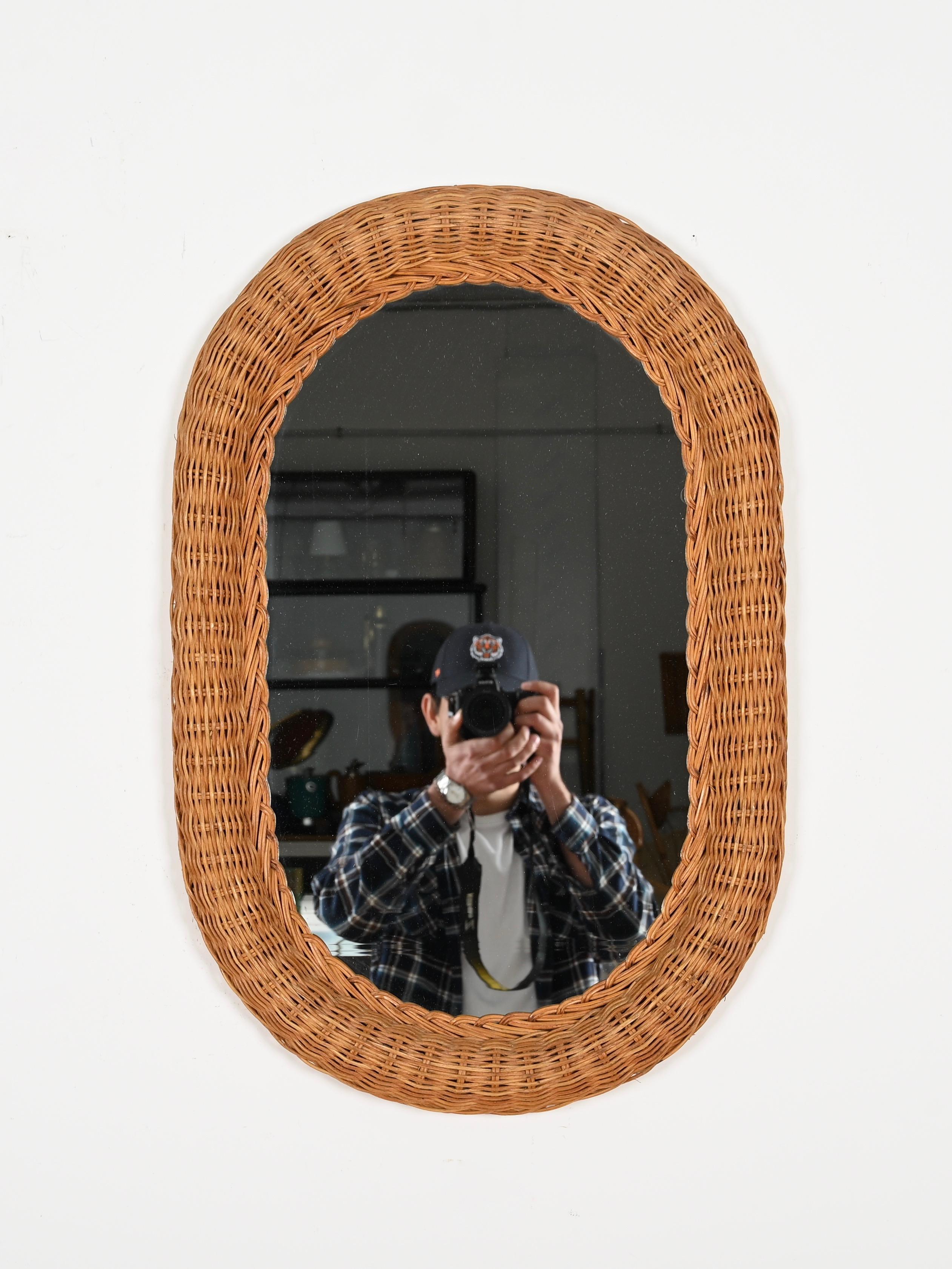 Italian French Riviera Mid-Century Oval Mirror in Woven Rattan Wicker, Italy 1970s For Sale