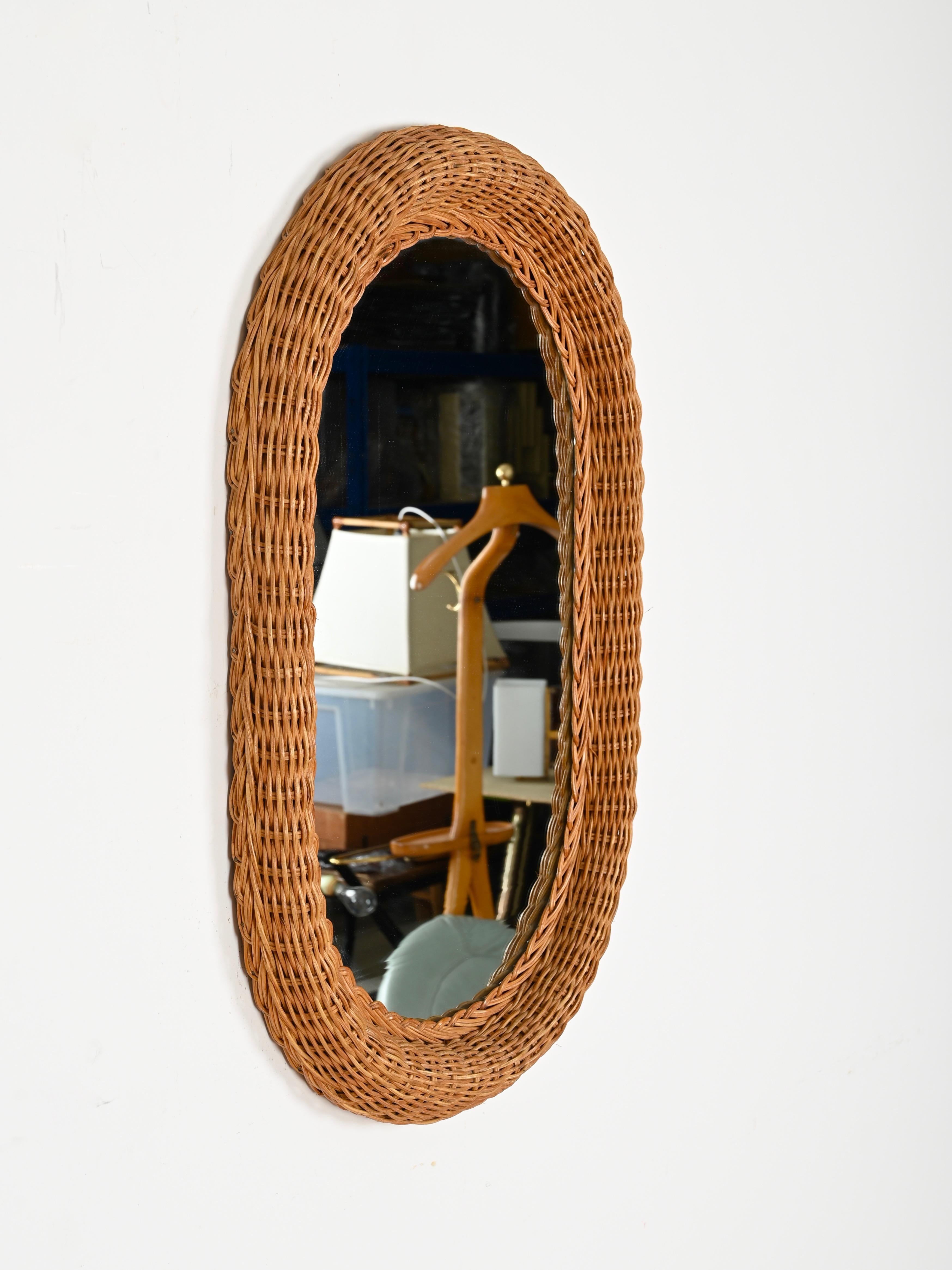 Hand-Crafted French Riviera Mid-Century Oval Mirror in Woven Rattan Wicker, Italy 1970s For Sale
