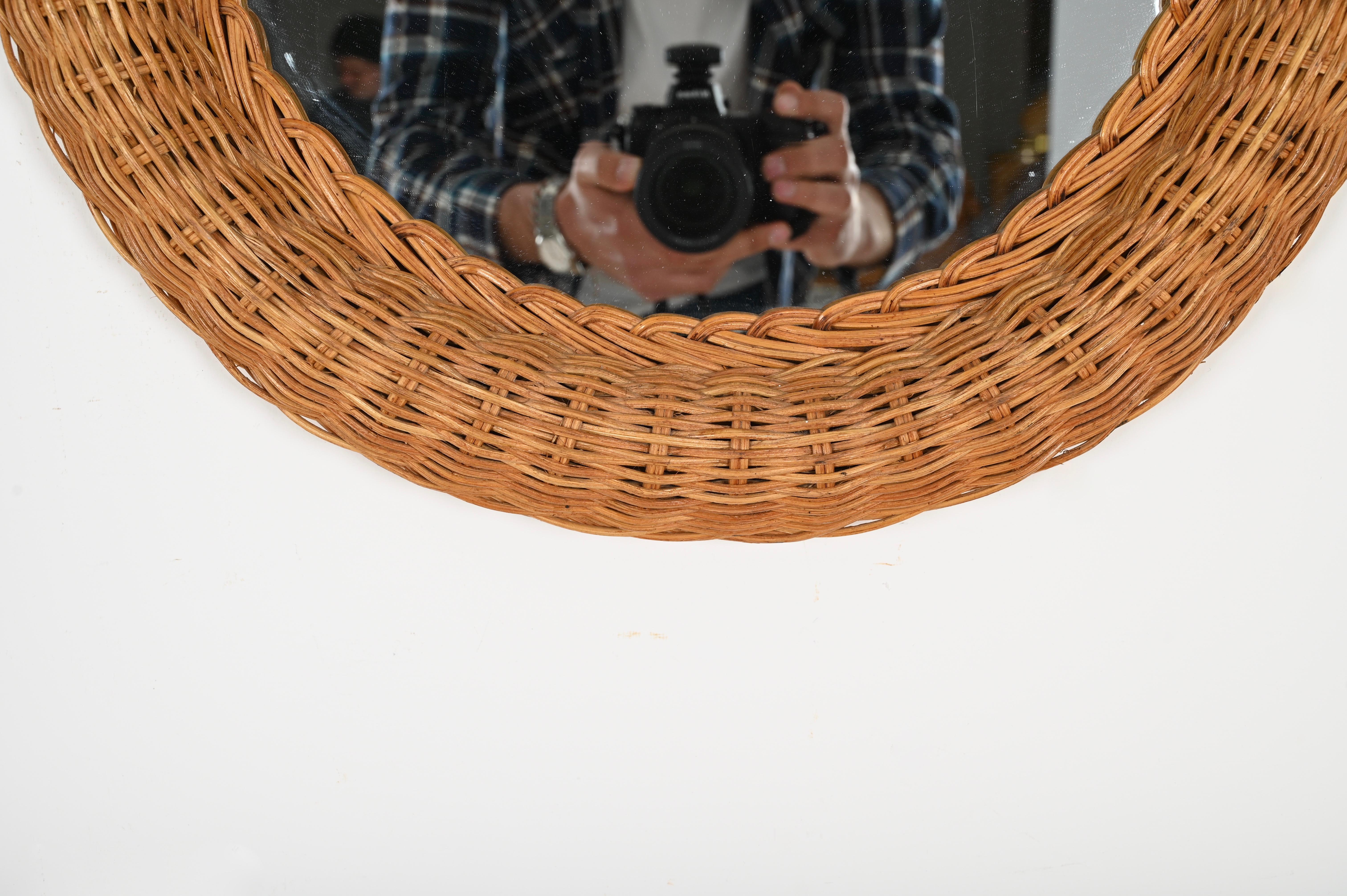 French Riviera Mid-Century Oval Mirror in Woven Rattan Wicker, Italy 1970s For Sale 1