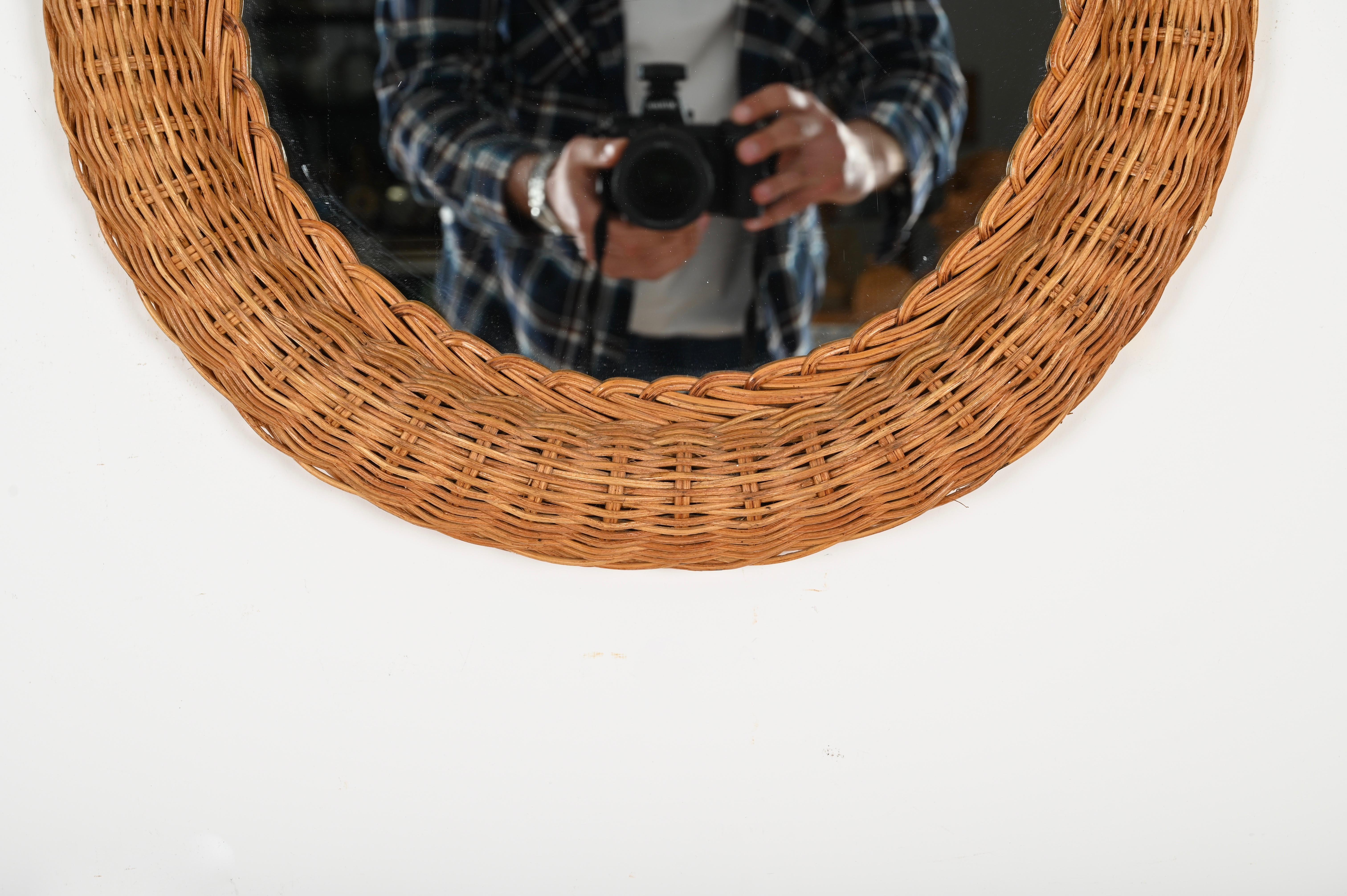 French Riviera Mid-Century Oval Mirror in Woven Rattan Wicker, Italy 1970s For Sale 2