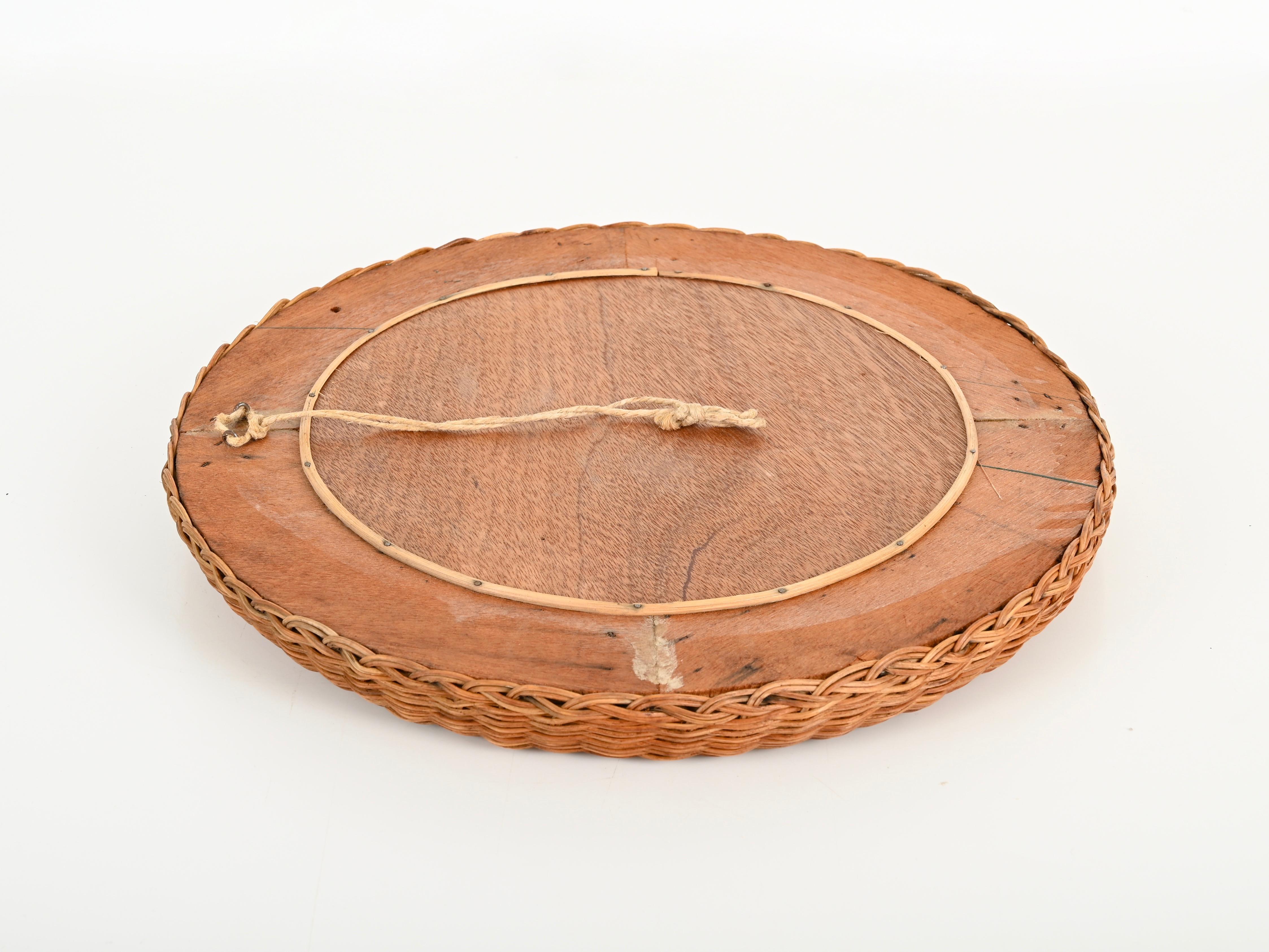 French Riviera Mid-Century Round Mirror in Woven Rattan Wicker, Italy 1970s For Sale 4