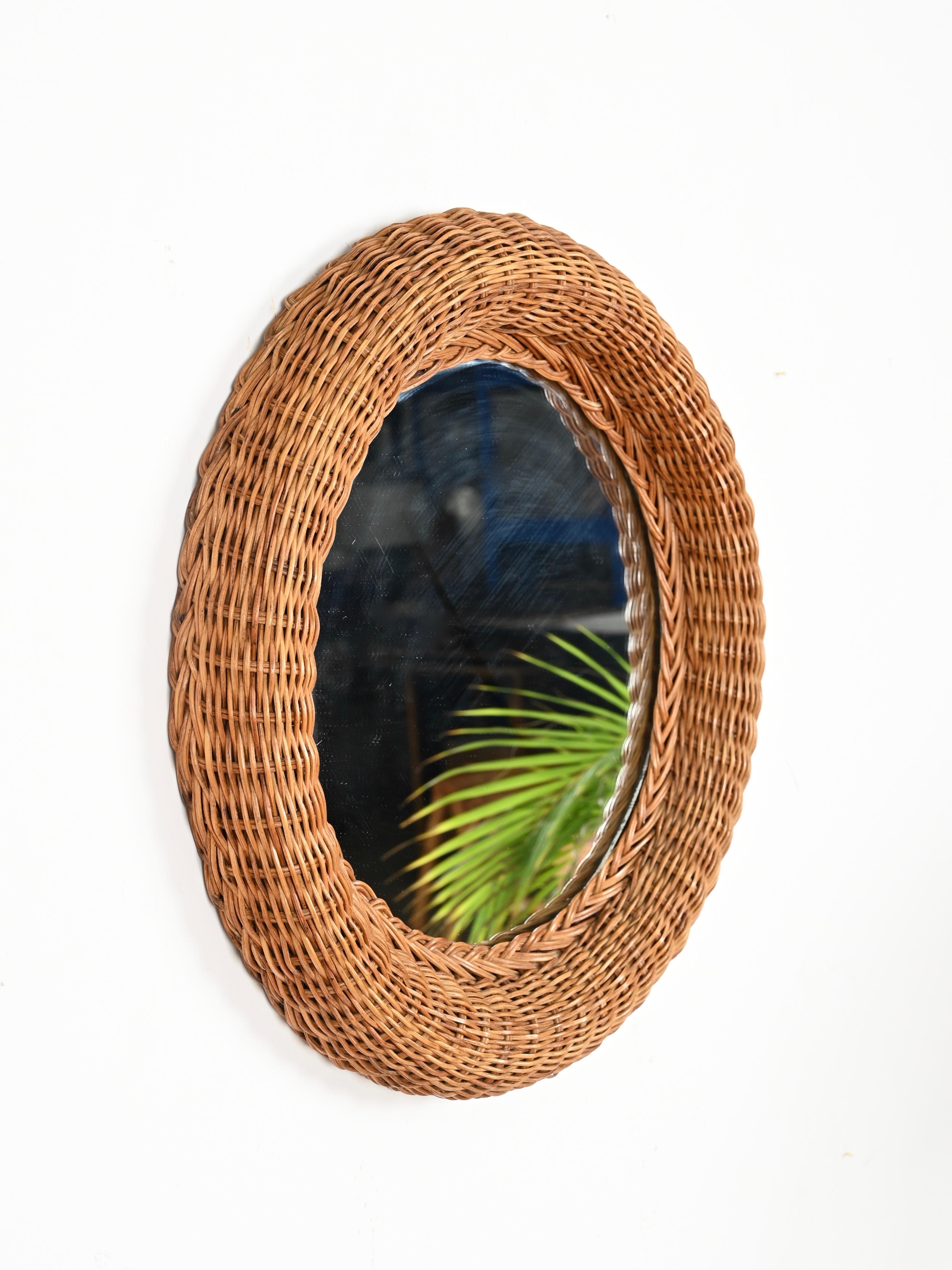 French Riviera Mid-Century Round Mirror in Woven Rattan Wicker, Italy 1970s For Sale 6