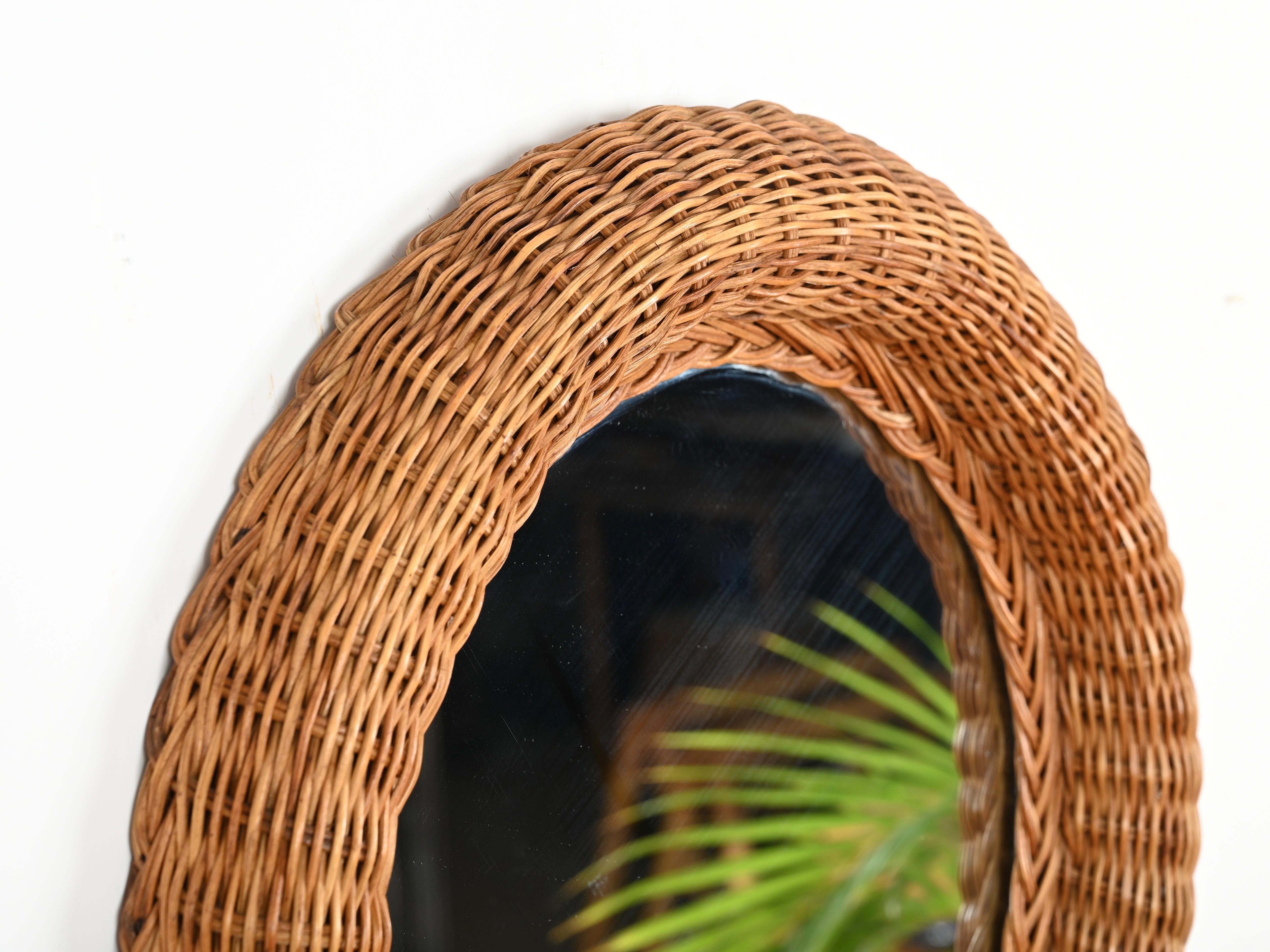 French Riviera Mid-Century Round Mirror in Woven Rattan Wicker, Italy 1970s For Sale 7
