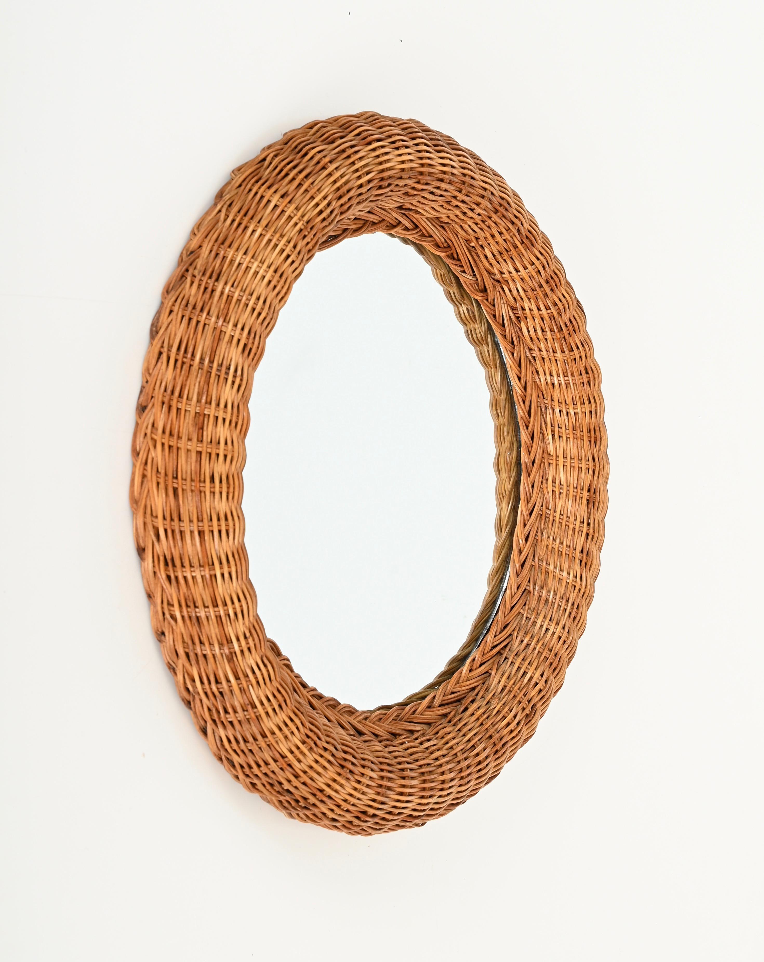 French Riviera Mid-Century Round Mirror in Woven Rattan Wicker, Italy 1970s For Sale 9