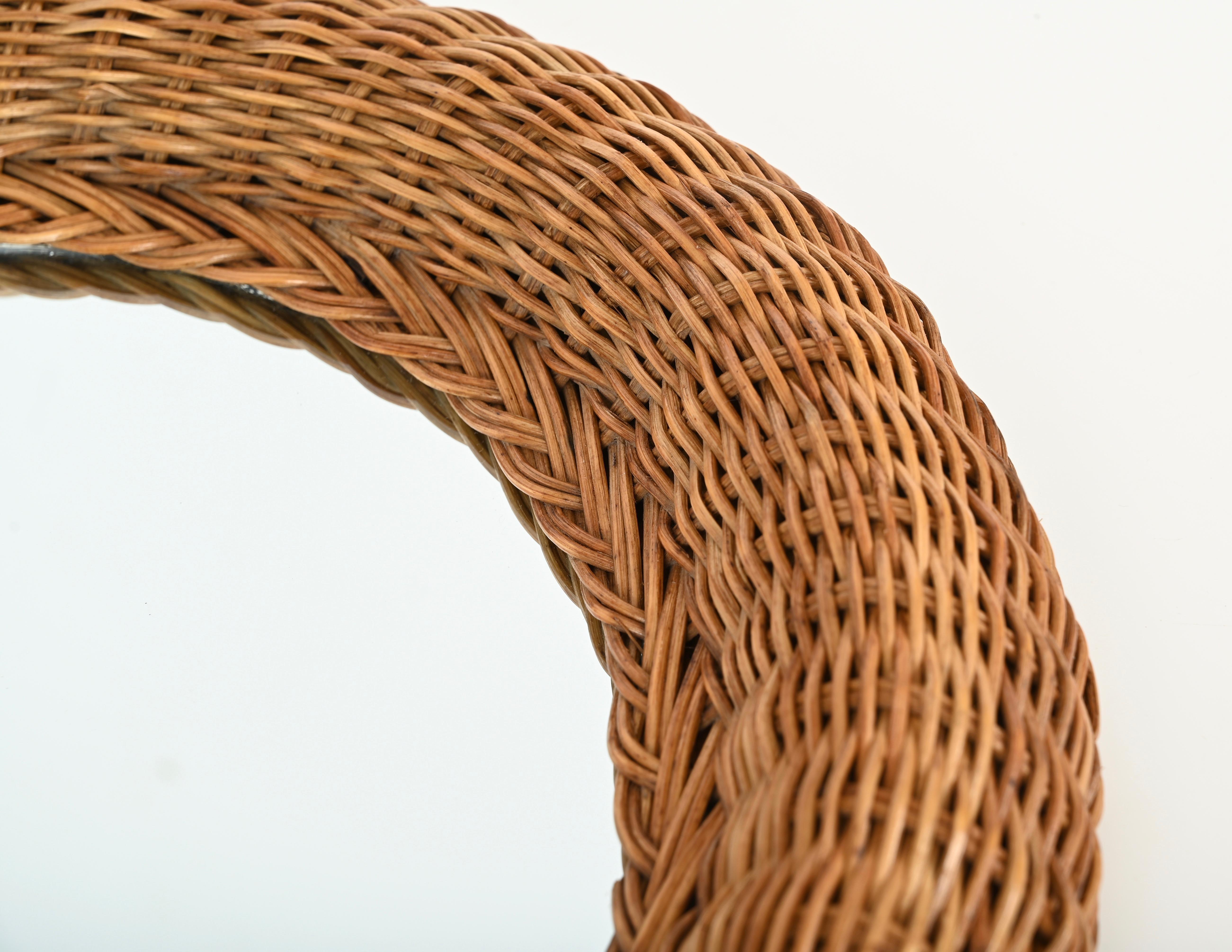French Riviera Mid-Century Round Mirror in Woven Rattan Wicker, Italy 1970s For Sale 10