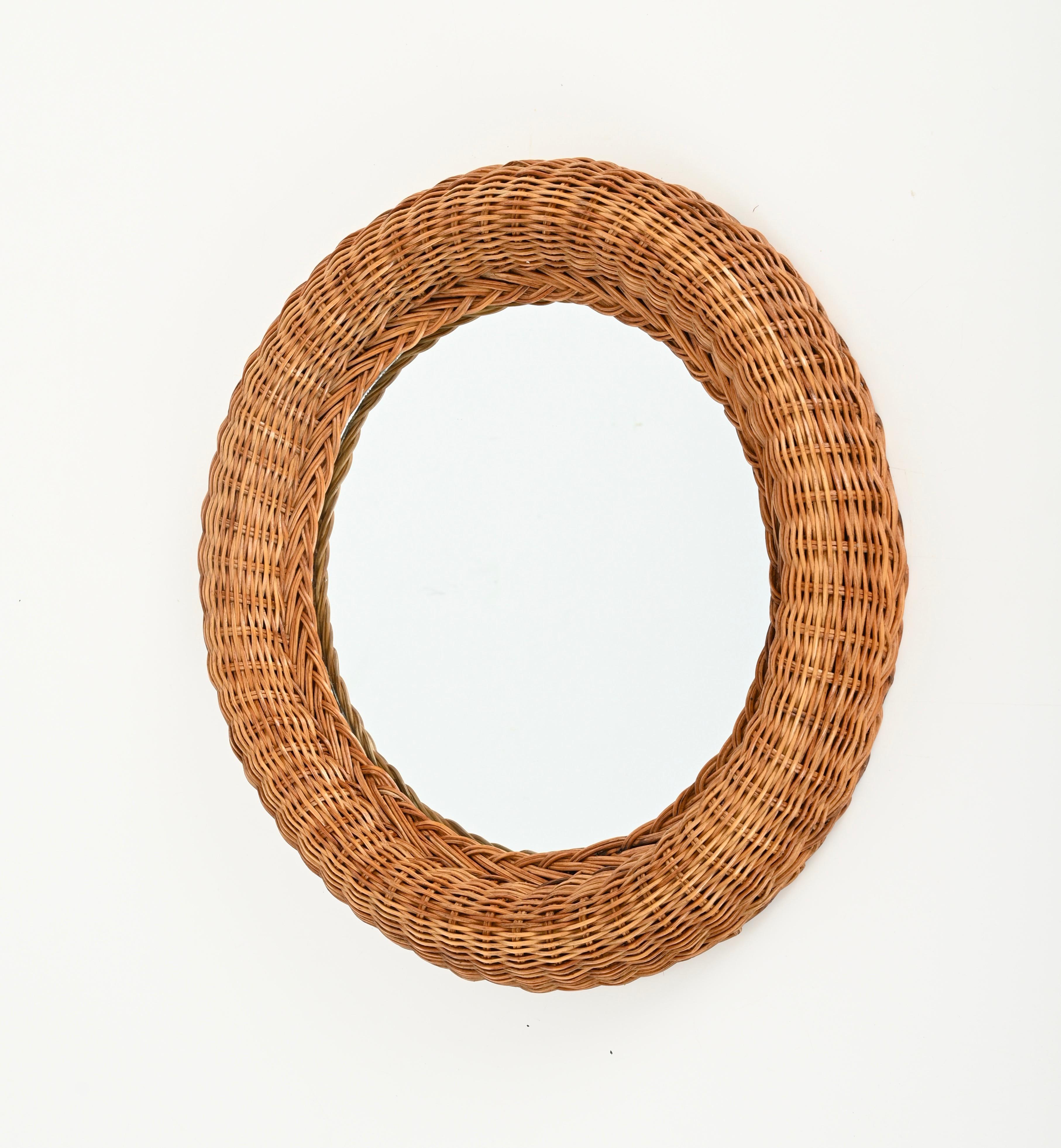 French Riviera Mid-Century Round Mirror in Woven Rattan Wicker, Italy 1970s For Sale 11
