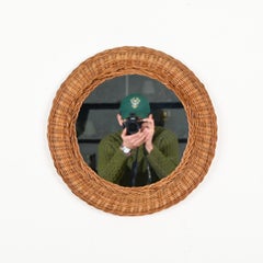 French Riviera Mid-Century Round Mirror in Woven Rattan Wicker, Italy 1970s
