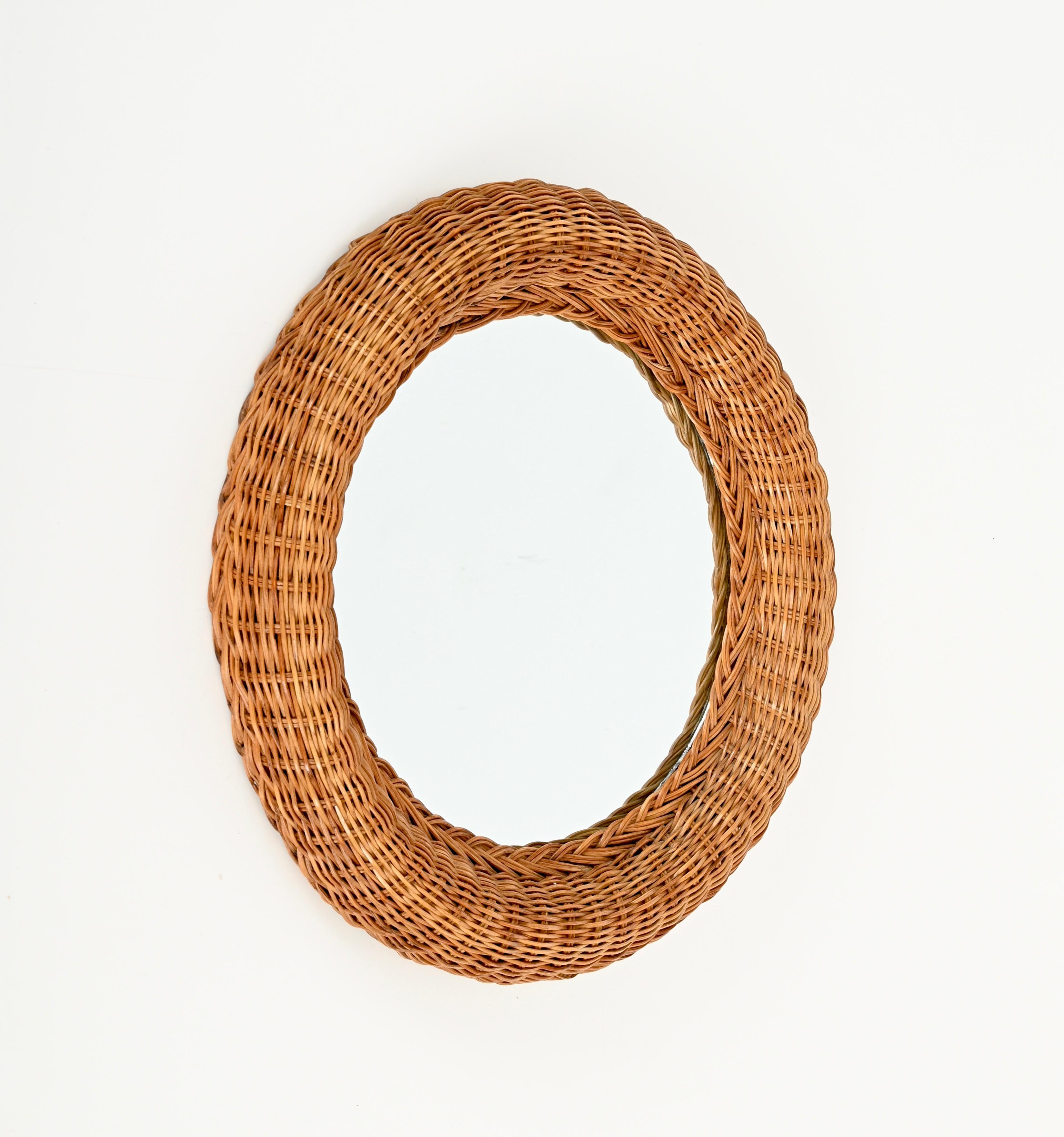 Mid-Century Modern French Riviera Mid-Century Round Mirror in Woven Rattan Wicker, Italy 1970s For Sale