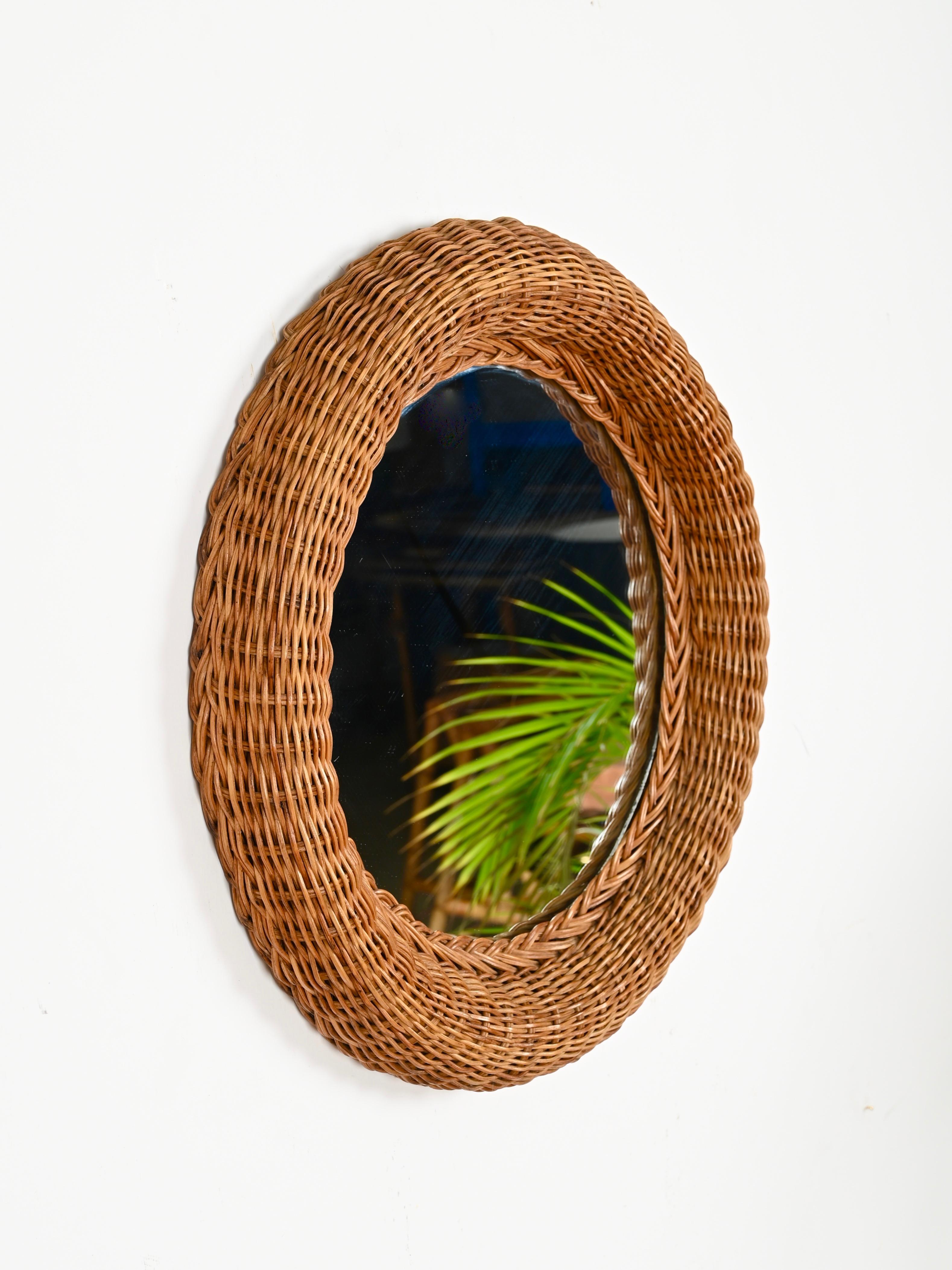 Italian French Riviera Mid-Century Round Mirror in Woven Rattan Wicker, Italy 1970s For Sale
