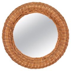 French Riviera Mid-Century Round Mirror in Woven Rattan Wicker, Italy 1970s