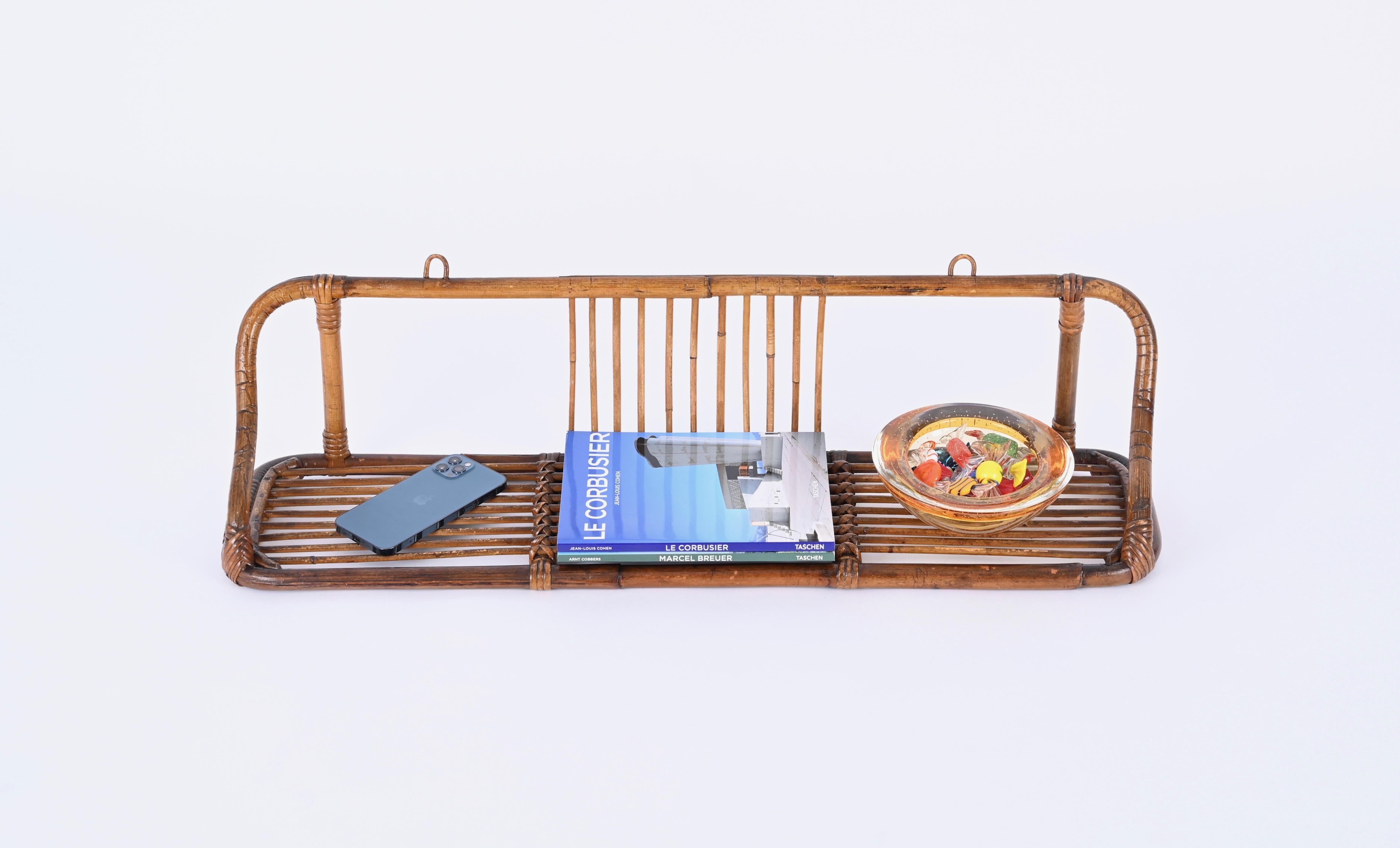 Mid-Century Modern  French Riviera Mid-Century Wall Shelf in Rattan and Bamboo, Italy, 1960s