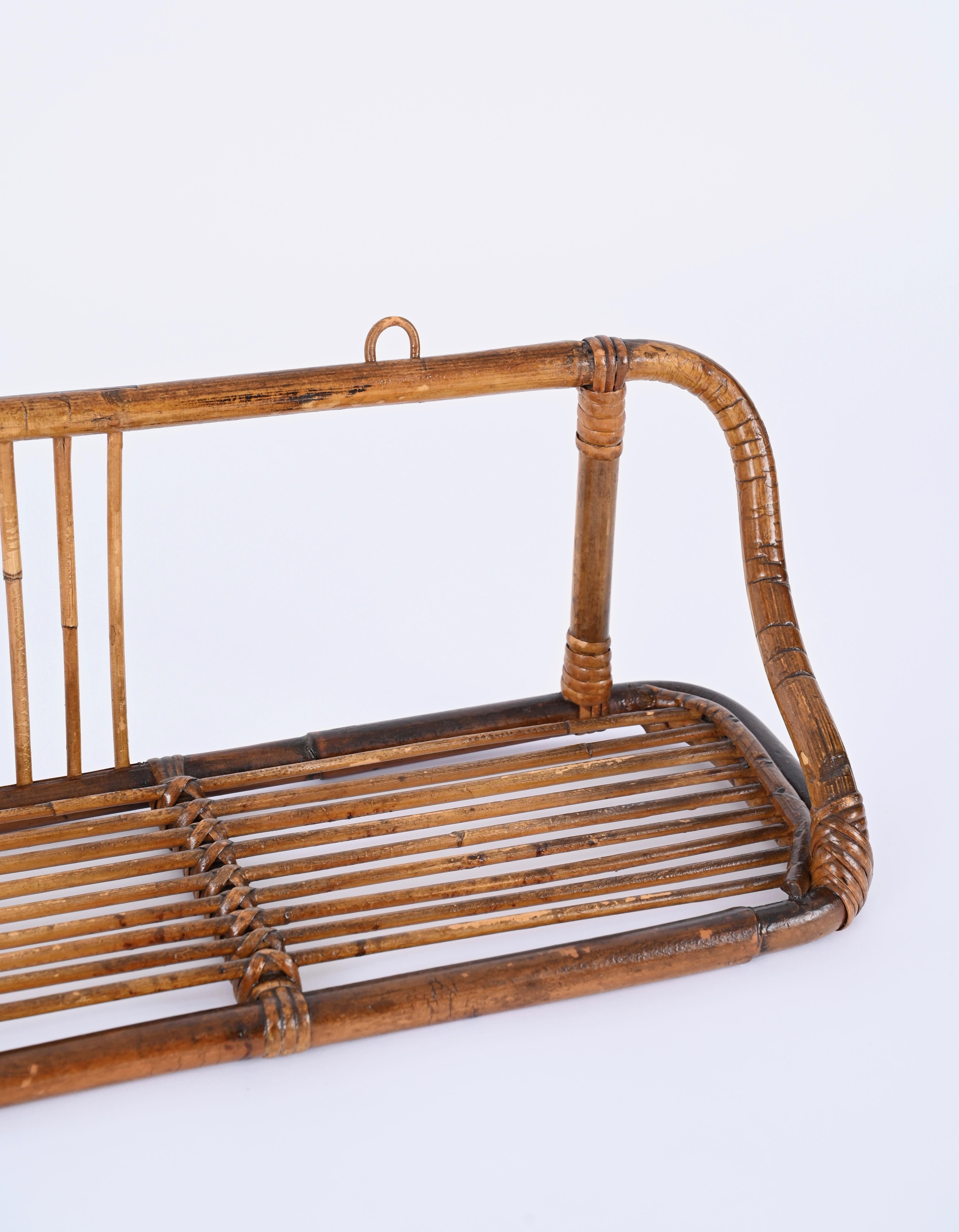 20th Century  French Riviera Mid-Century Wall Shelf in Rattan and Bamboo, Italy, 1960s For Sale