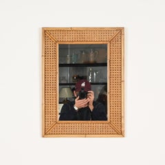 French Riviera Midcentury Bamboo and Vienna Straw Rectangular Mirror, Italy 1970