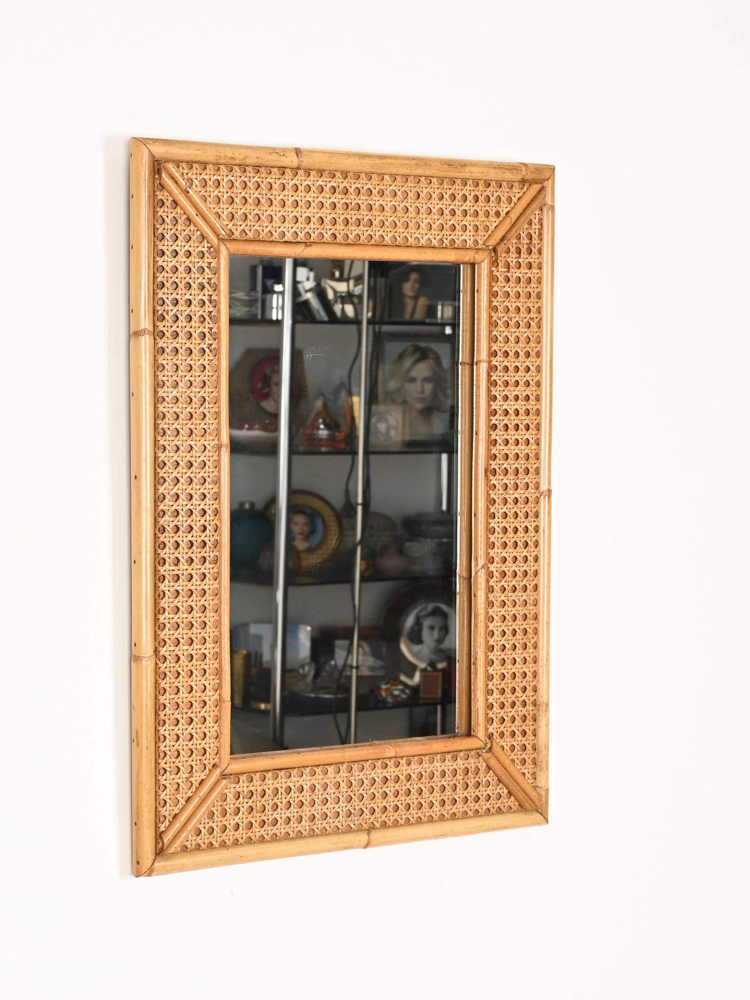 Espejo rectangular de bambú y paja de Viena de la Riviera francesa de mediados de siglo, Italia 1970 Moderno de mediados de siglo en venta