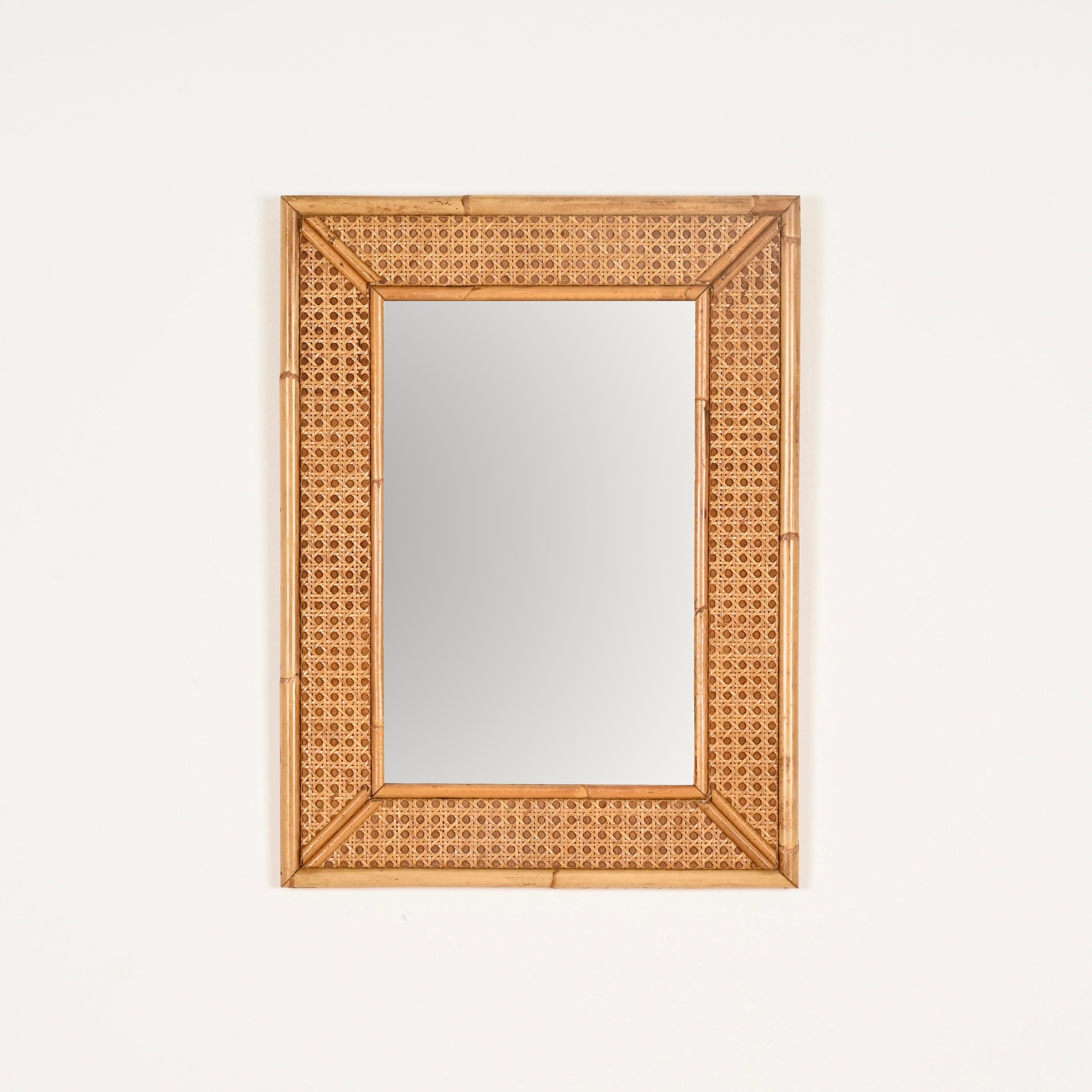 Espejo rectangular de bambú y paja de Viena de la Riviera francesa de mediados de siglo, Italia 1970 en Bueno estado para la venta en Roma, IT