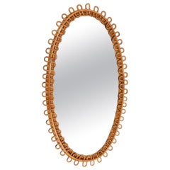 French Riviera Midcentury Rattan and Bamboo Italian Oval Mirror, 1950s