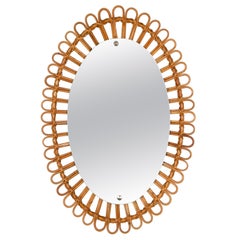 French Riviera Midcentury Rattan and Bamboo Italian Oval Mirror, 1950s