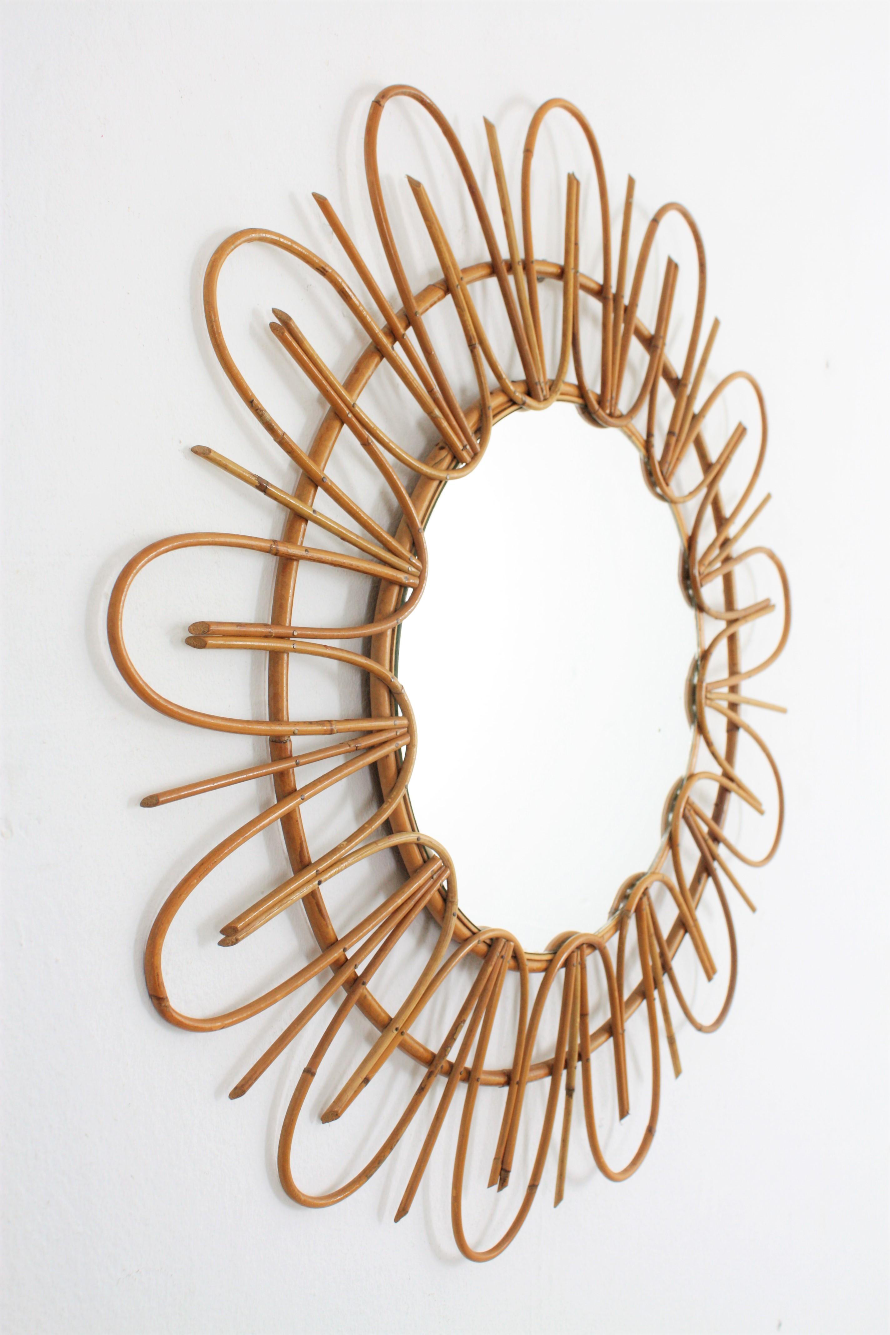 Mid-Century Modern Rattan Sunburst Flower Shaped Mirror , French Riviera 