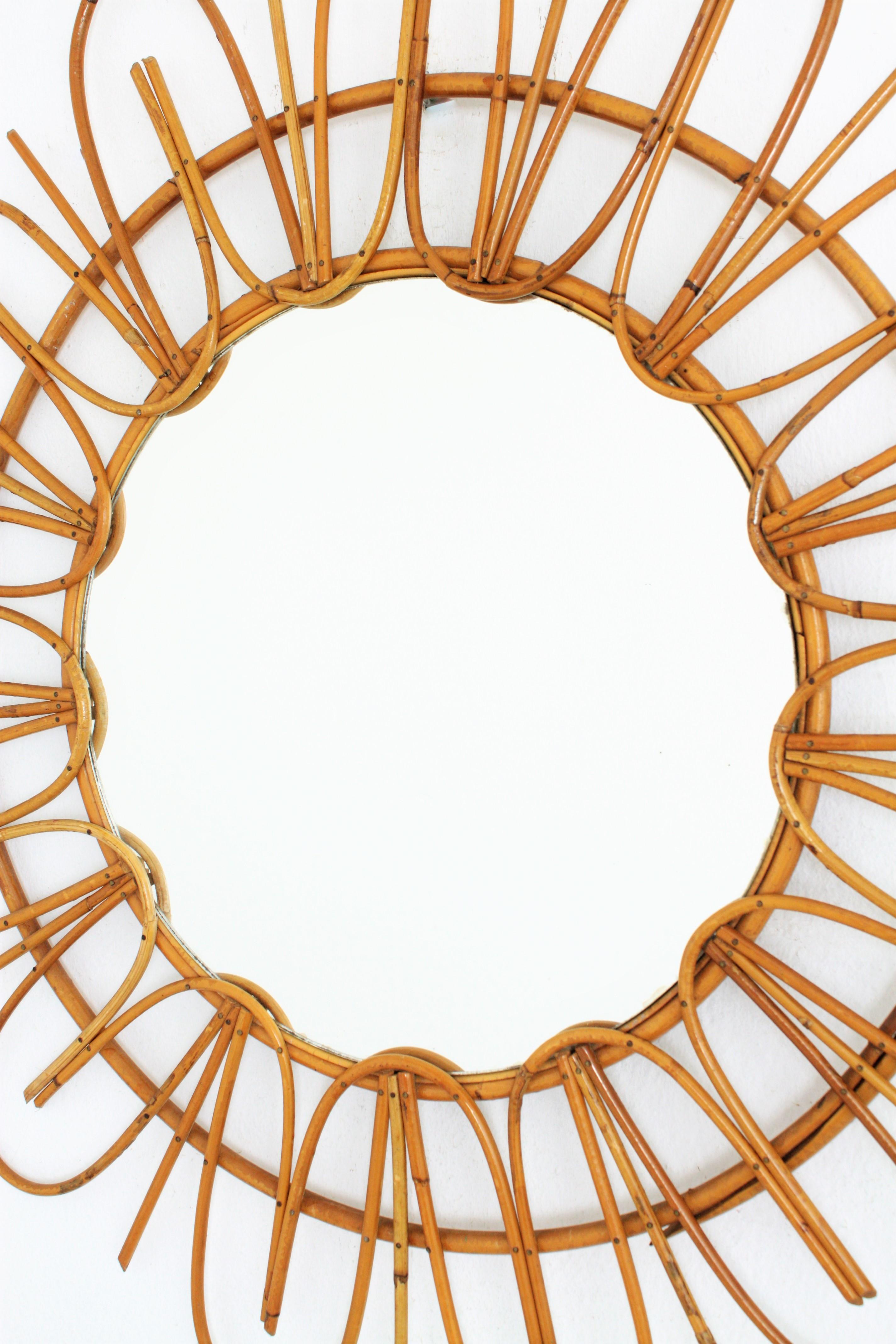 Hand-Crafted Rattan Sunburst Flower Shaped Mirror , French Riviera 