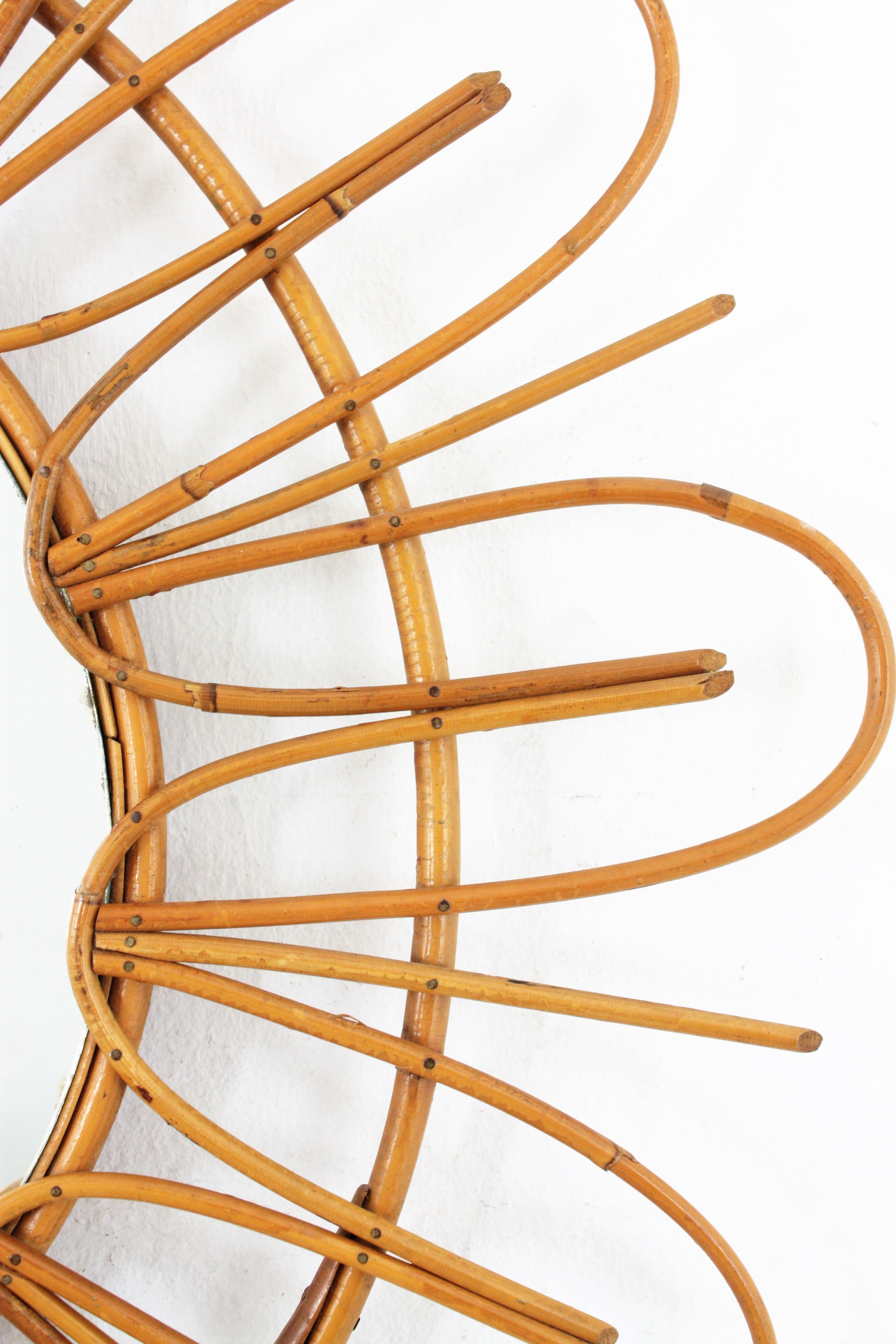 Wicker Rattan Sunburst Flower Shaped Mirror , French Riviera
