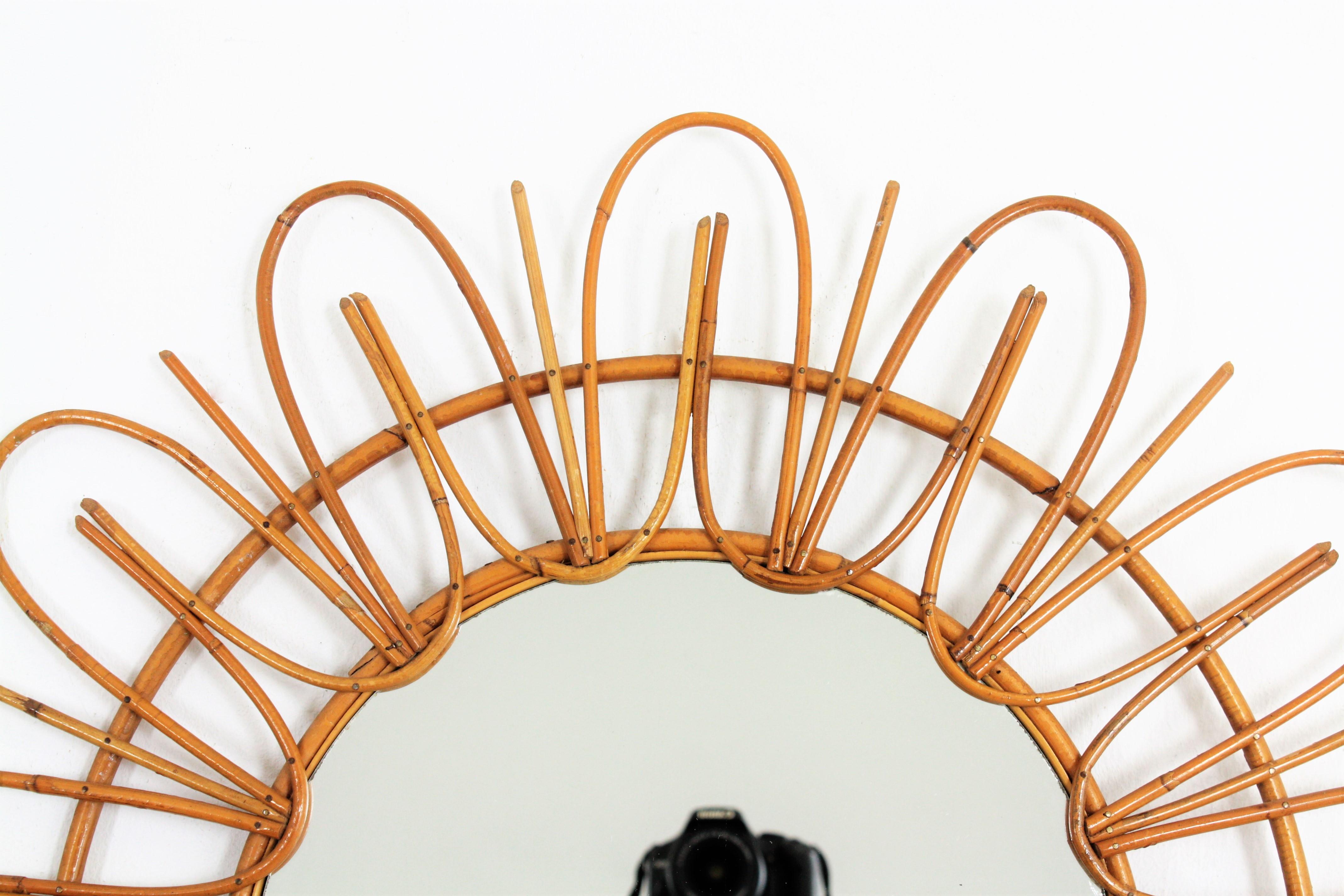 Rattan Sunburst Flower Shaped Mirror , French Riviera 1