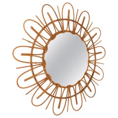  Modernist Rattan Sunburst Flower Shaped Mirror , French Riviera 