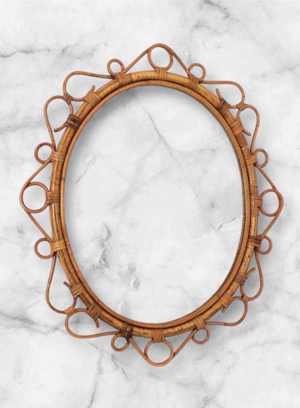 Mid-Century Modern French Riviera mirror Bamboo with Rattan , 1960s