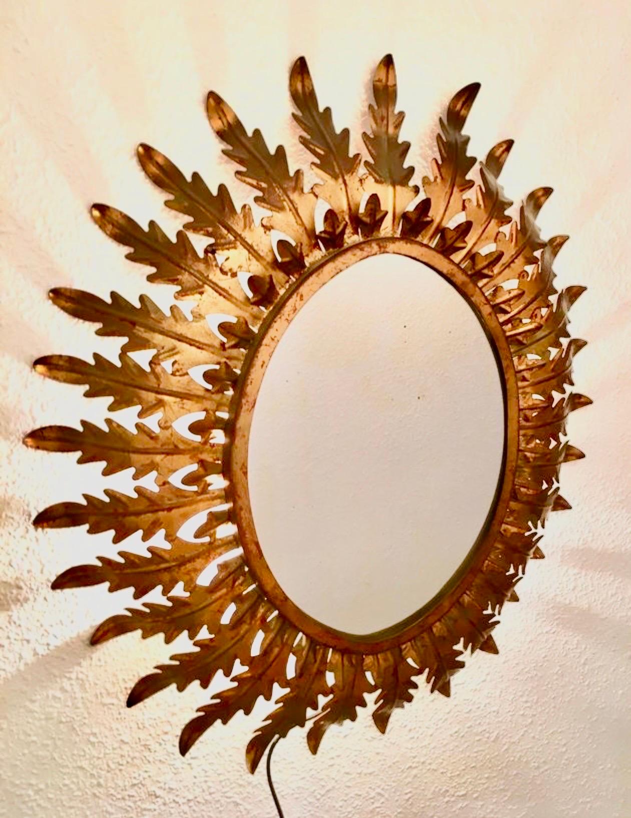 Mid-Century Modern French Riviera lighting mirror with light gold metal brutalist , 1960s For Sale