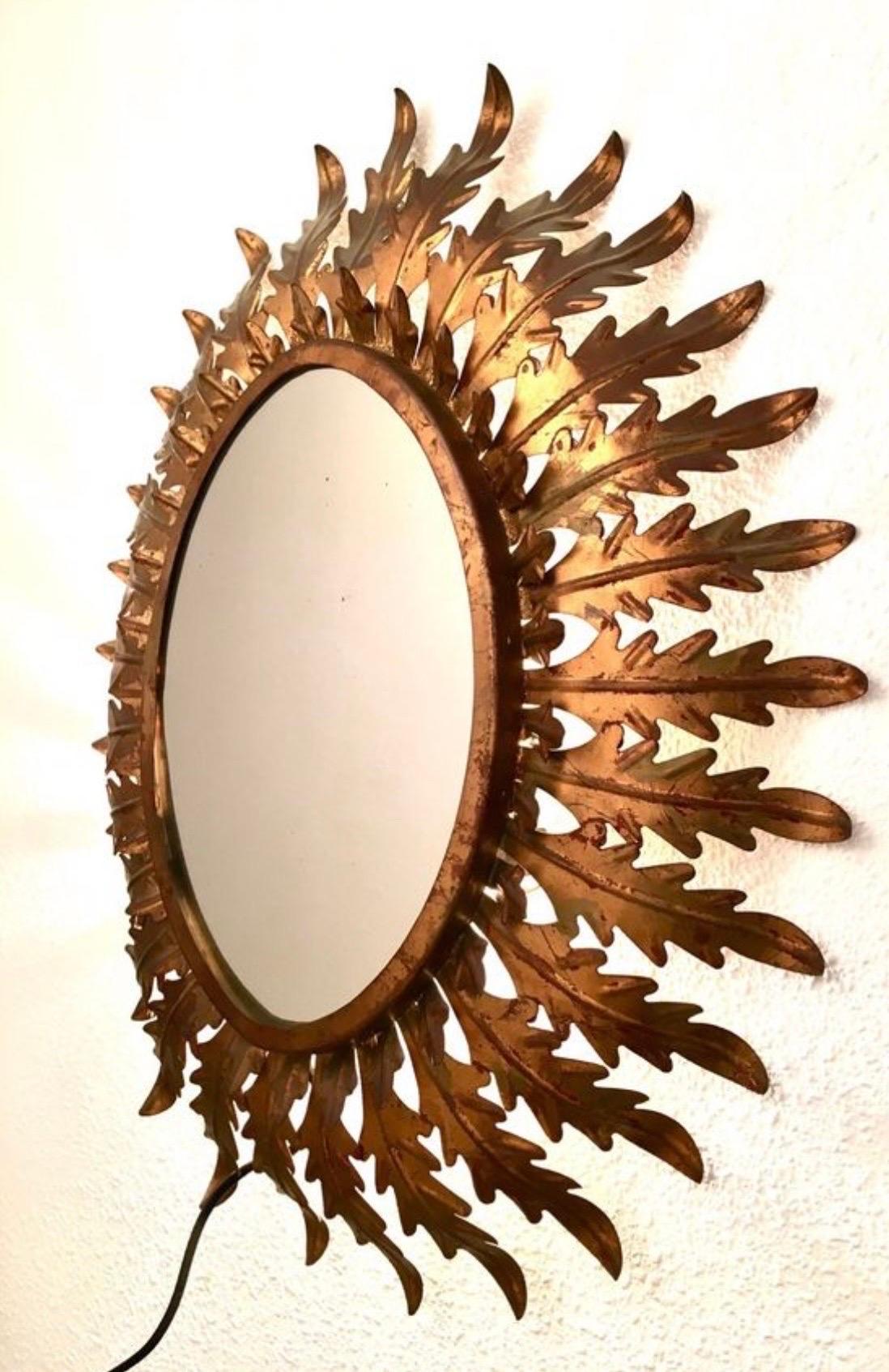 Hand-Crafted French Riviera lighting mirror with light gold metal brutalist , 1960s For Sale