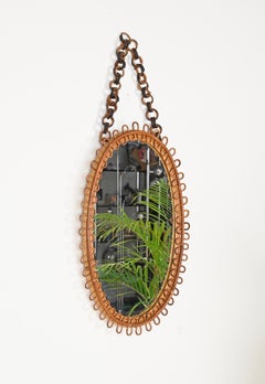 French Riviera Oval Curved Rattan and Bamboo Mirror with Chain, Italy 1960s