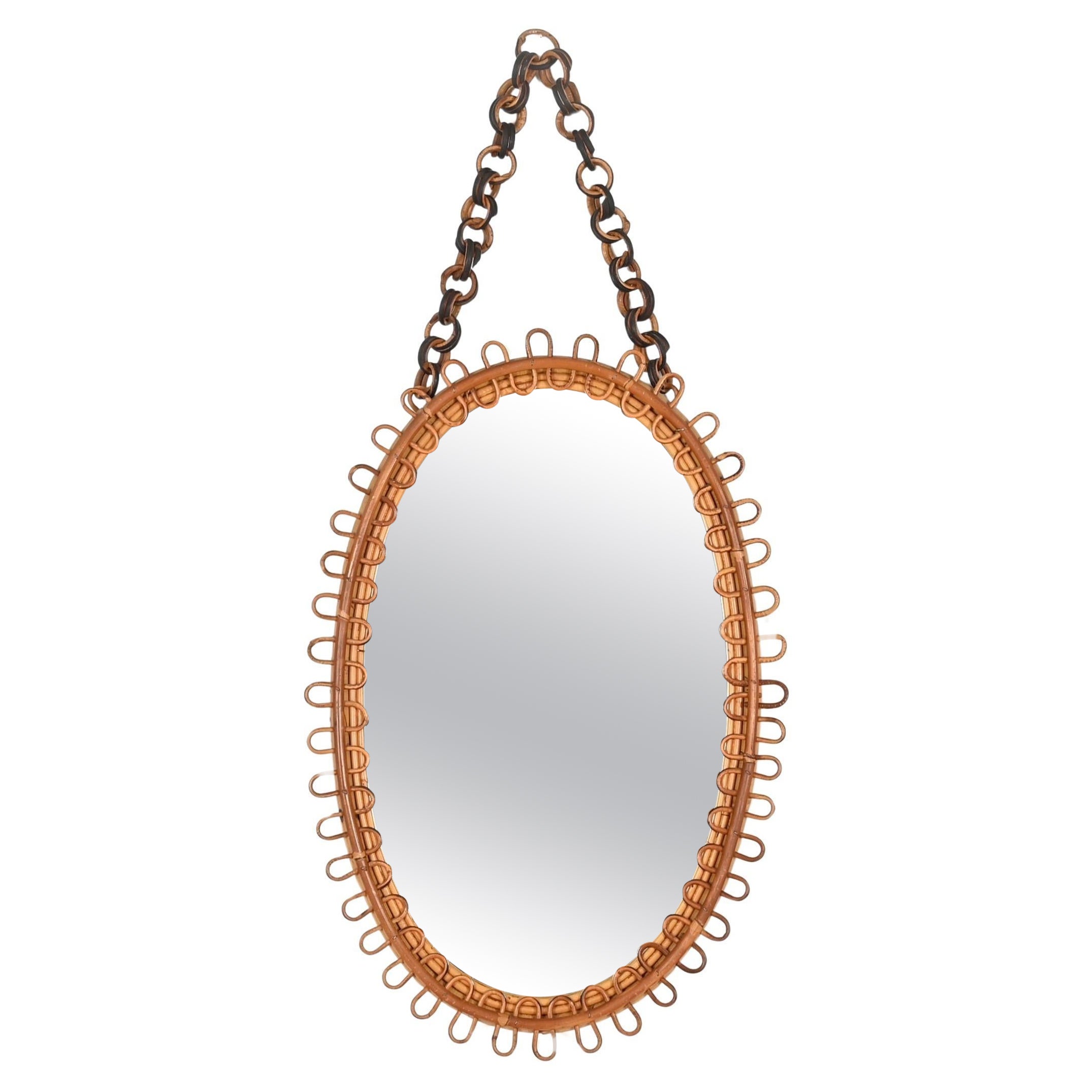 French Riviera Oval Curved Rattan and Bamboo Mirror with Chain, Italy 1960s