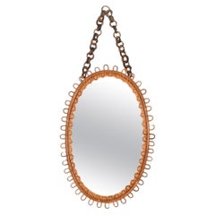French Riviera Oval Curved Rattan and Bamboo Mirror with Chain, Italy 1960s