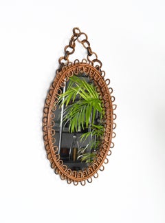 French Riviera Oval Curved Rattan Mirror with Chain, Italy 1960s
