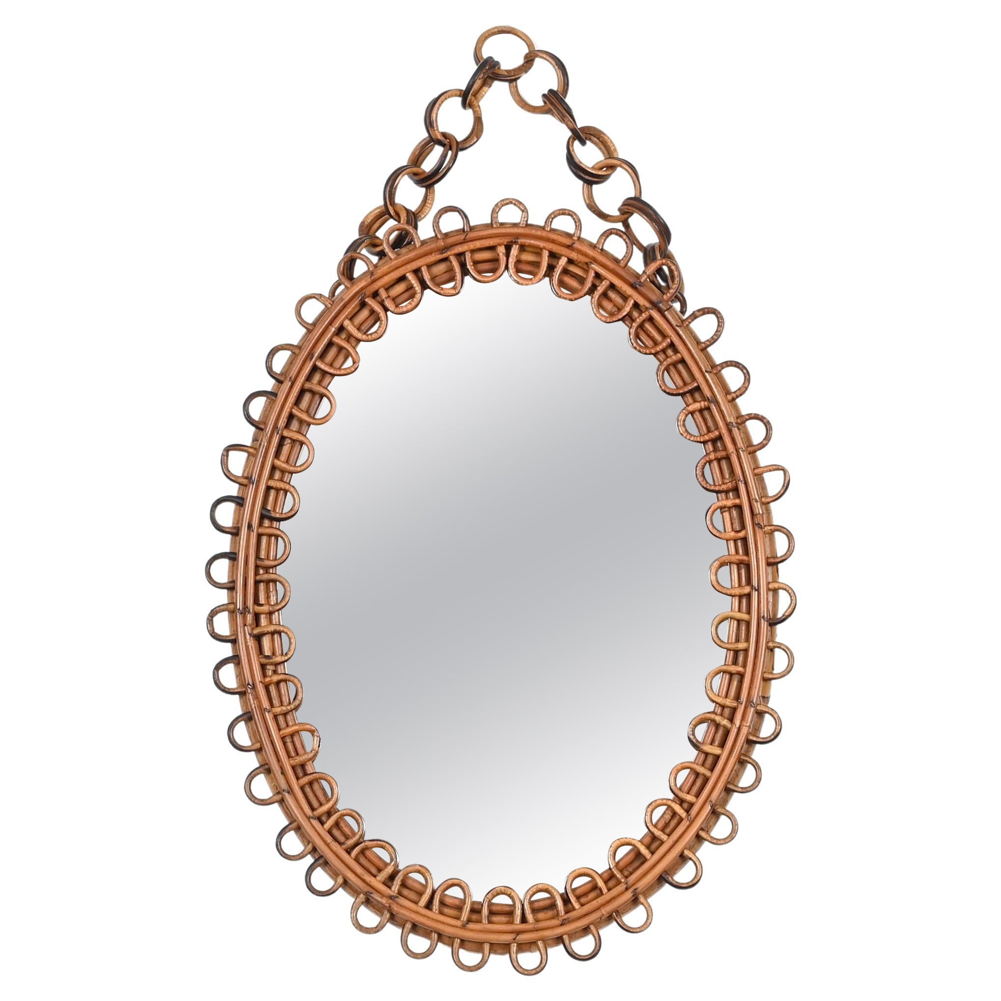 French Riviera Oval Curved Rattan Mirror with Chain, Italy 1960s