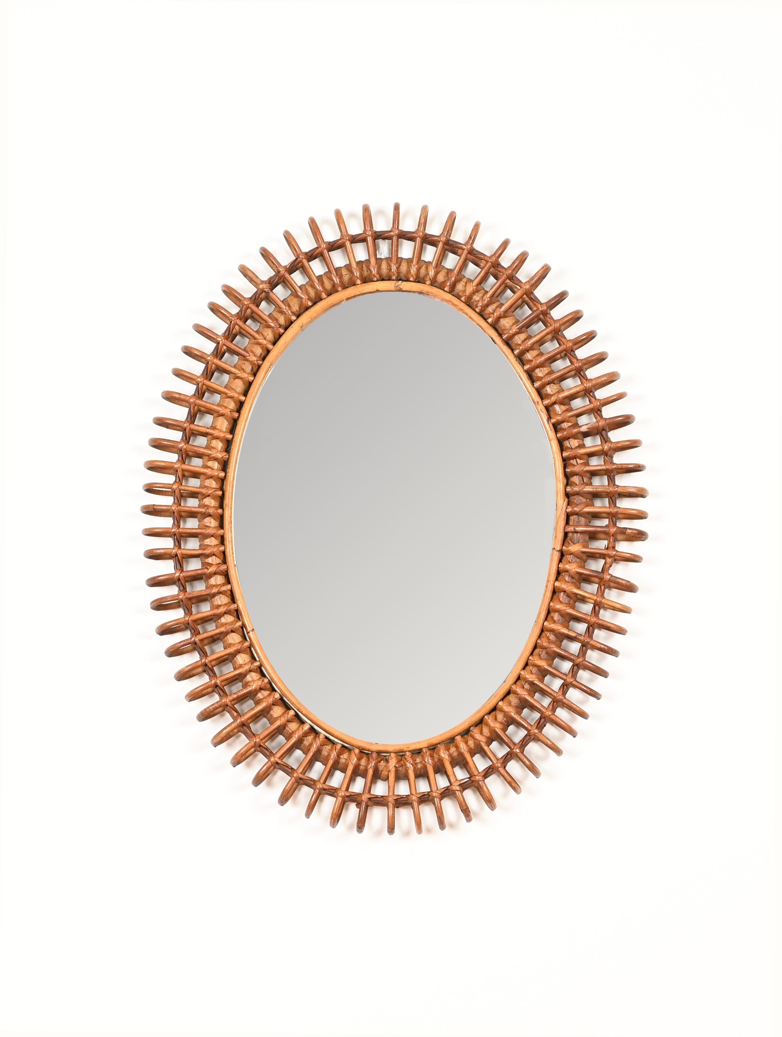 Mid-Century Modern Miroir ovale Côte d'Azur en bambou et rotin par Franco Albini, Italie, années 1960 en vente