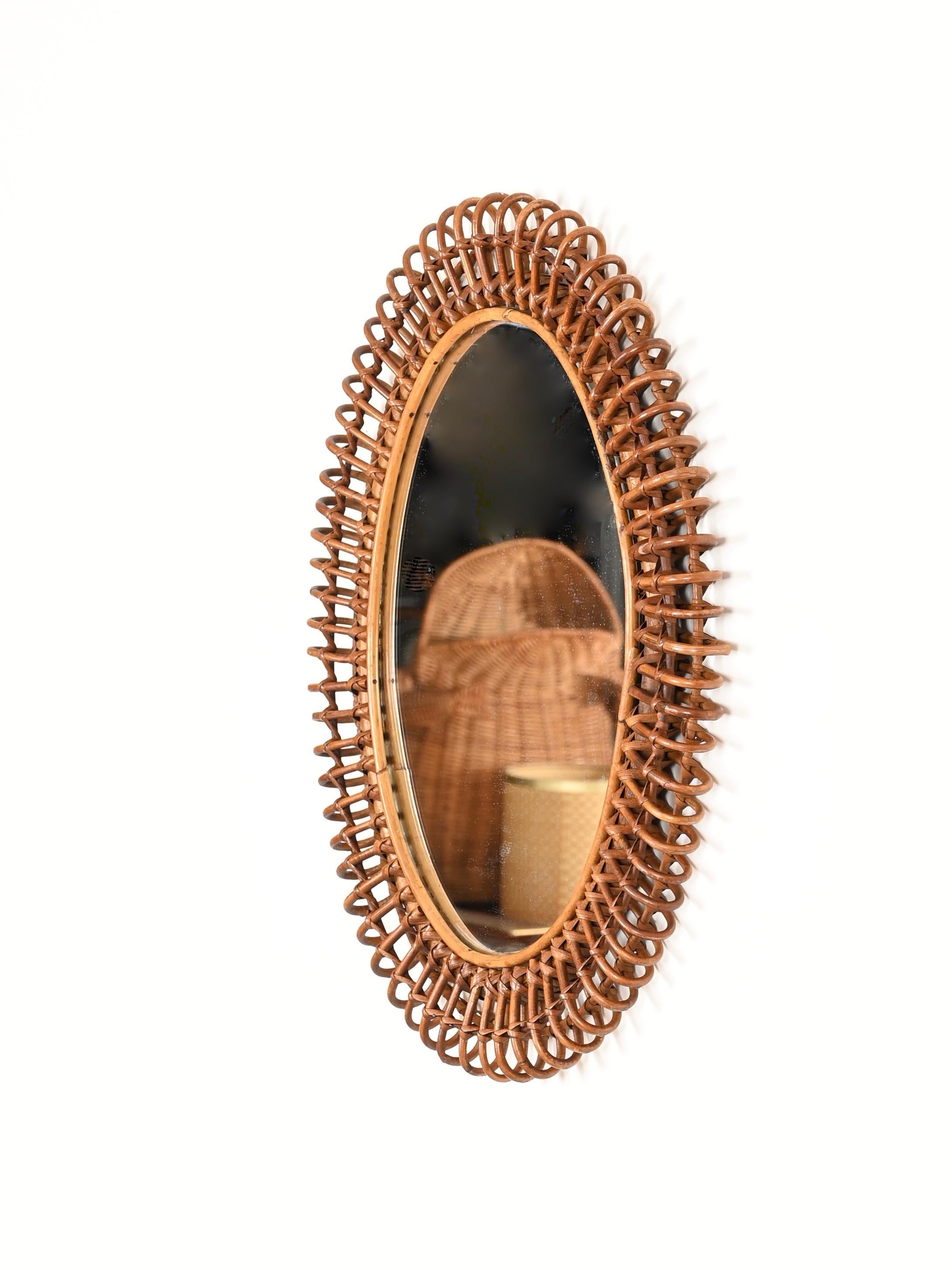 Fait main Miroir ovale Côte d'Azur en bambou et rotin par Franco Albini, Italie, années 1960 en vente