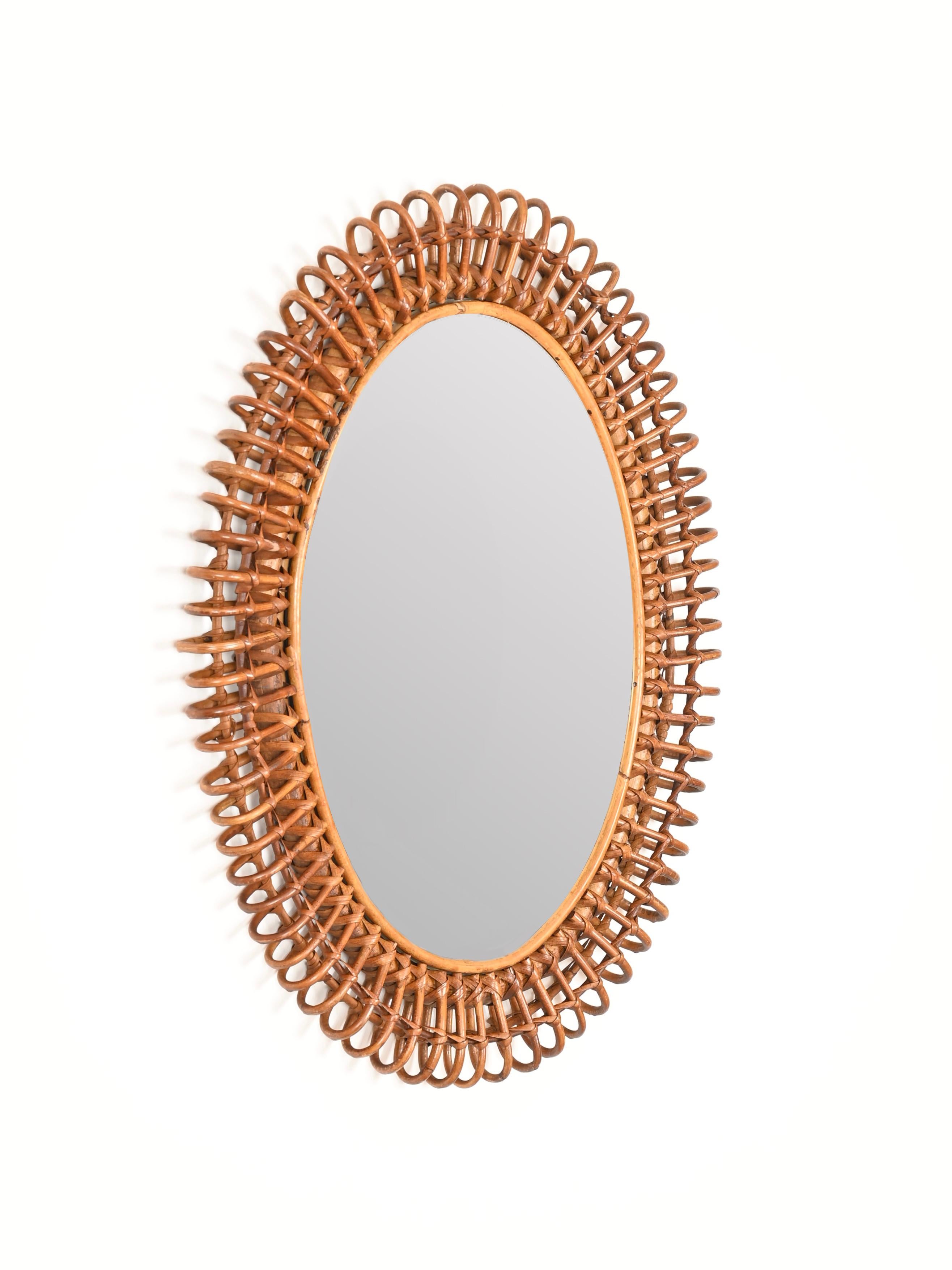 20ième siècle Miroir ovale Côte d'Azur en bambou et rotin par Franco Albini, Italie, années 1960 en vente