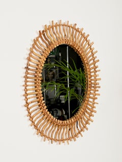 French Riviera Oval Mirror in Bamboo, Rattan and Woven Wicker, Italy 1960