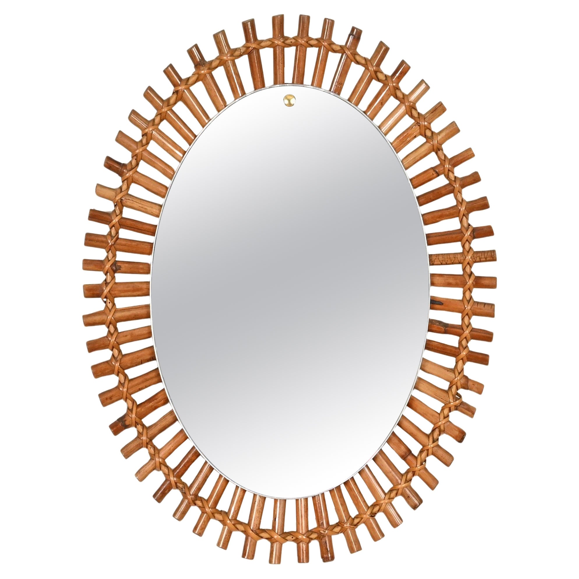 Specchio ovale French Riviera in bambù, rattan e vimini intrecciato, Italia 1960