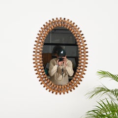 French Riviera Oval Mirror in Bamboo, Rattan, Wicker, Franco Albini, Italy 1960