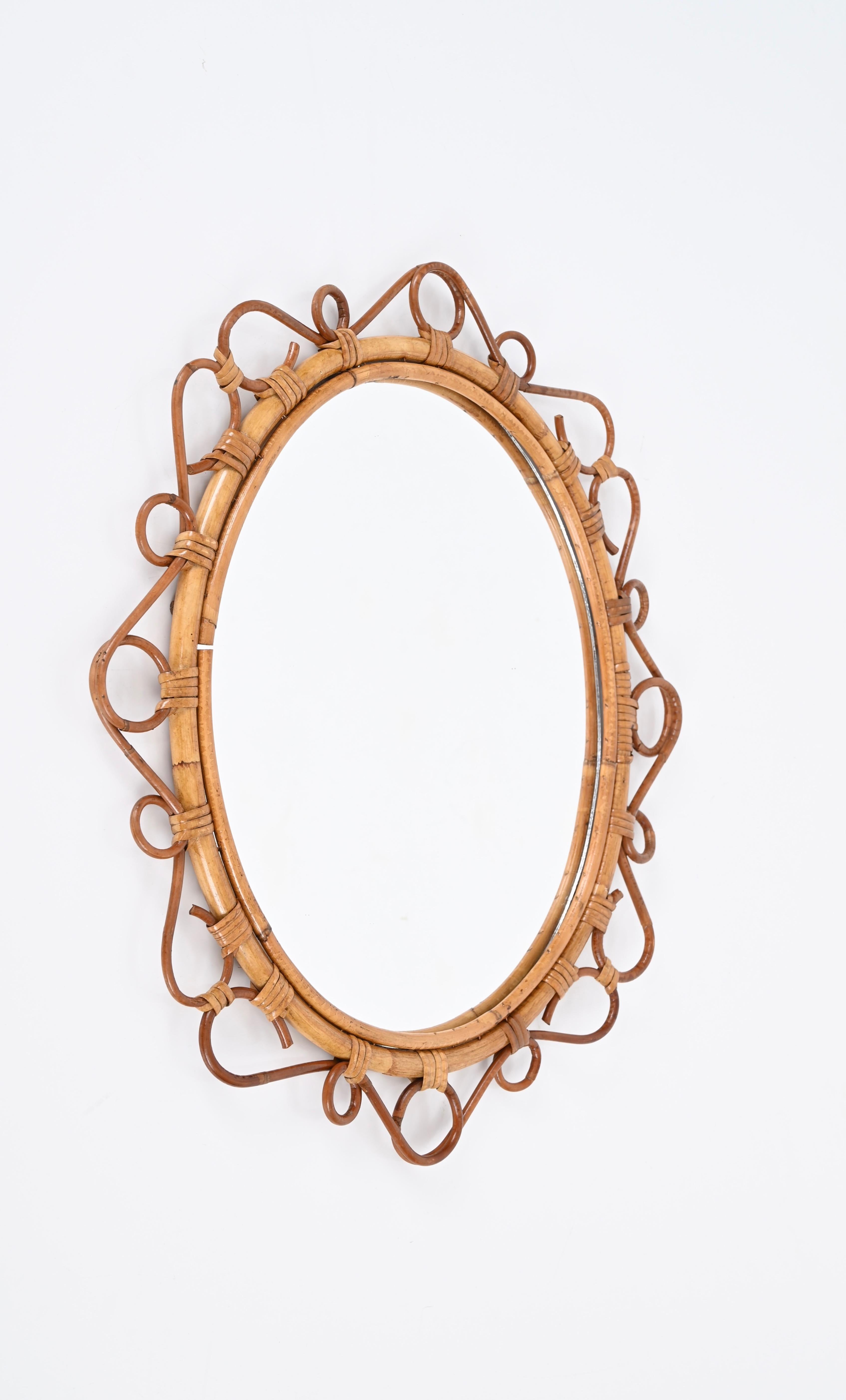 French Riviera Oval Mirror in Rattan, Bamboo and Wicker, Italy 1970s 4