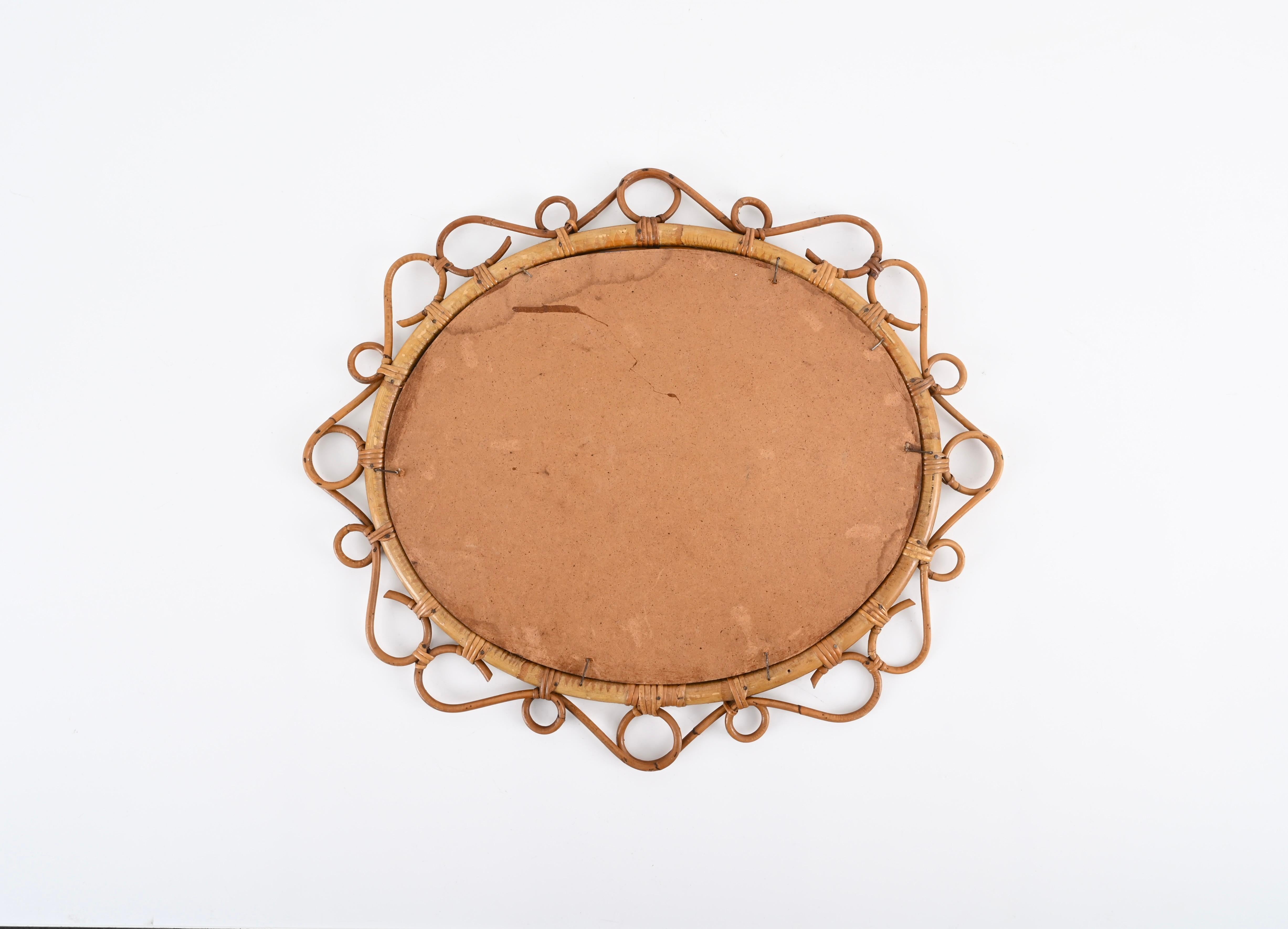 French Riviera Oval Mirror in Rattan, Bamboo and Wicker, Italy 1970s 4
