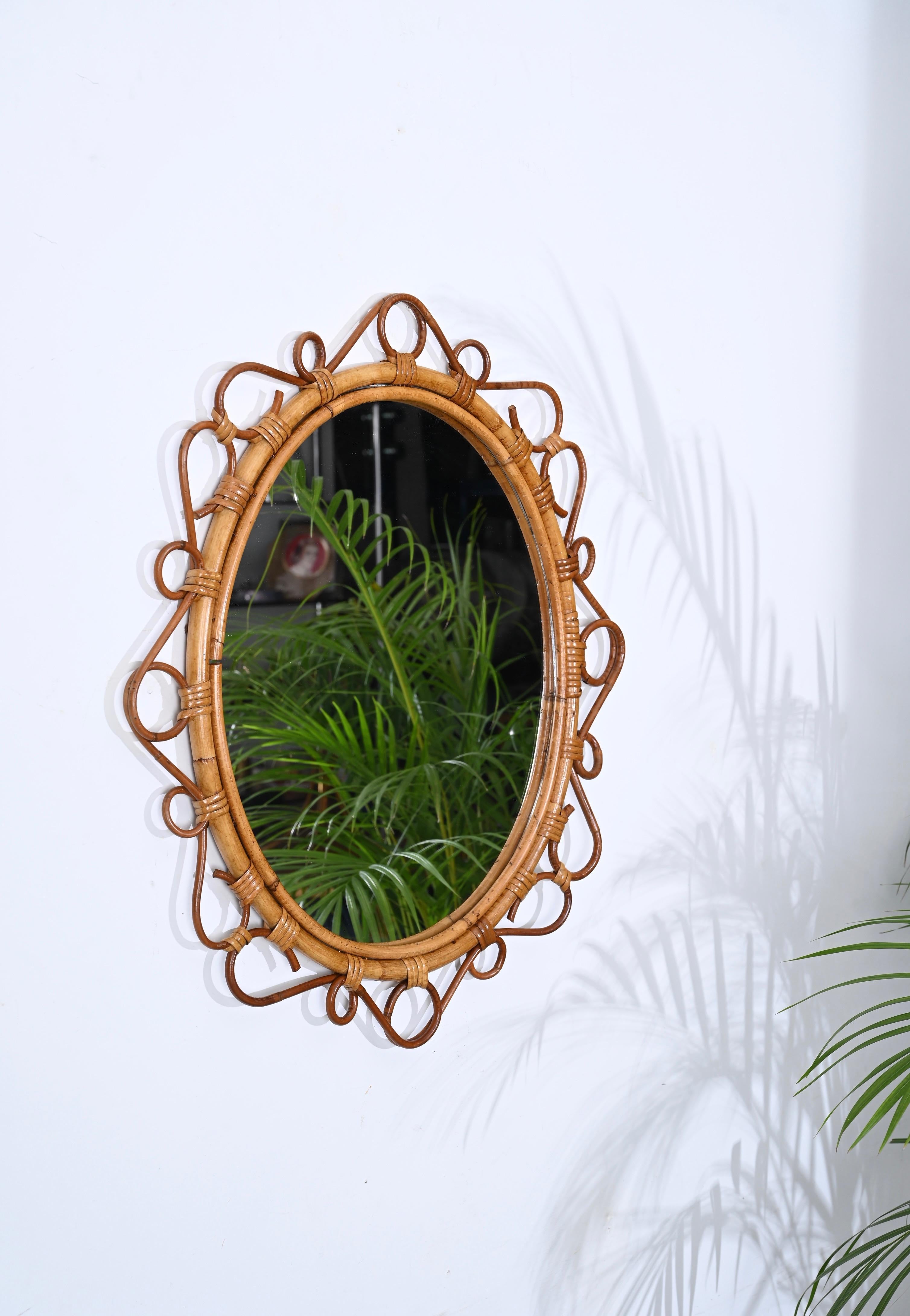 Mid-Century Modern French Riviera Oval Mirror in Rattan, Bamboo and Wicker, Italy 1970s