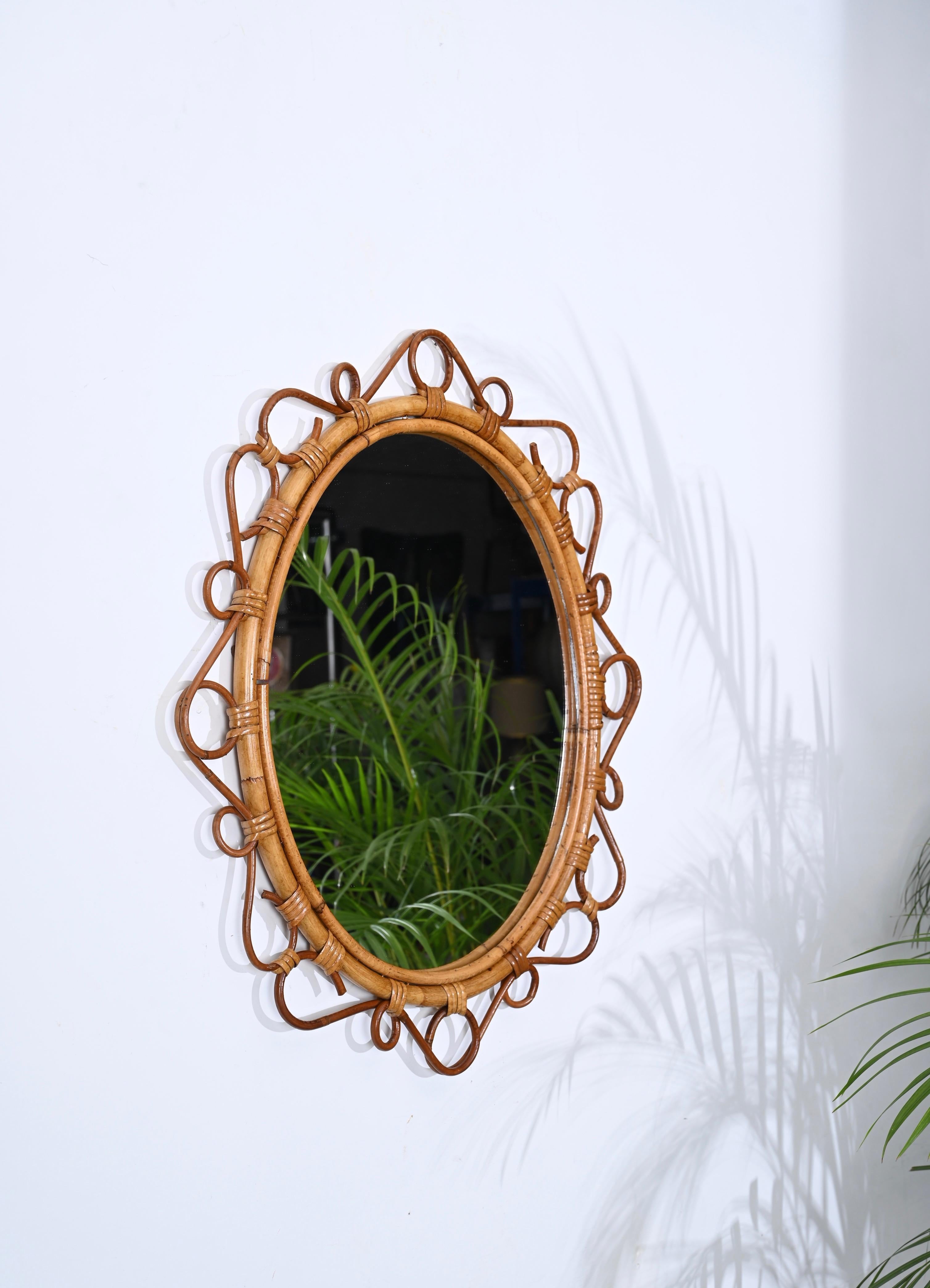Italian French Riviera Oval Mirror in Rattan, Bamboo and Wicker, Italy 1970s