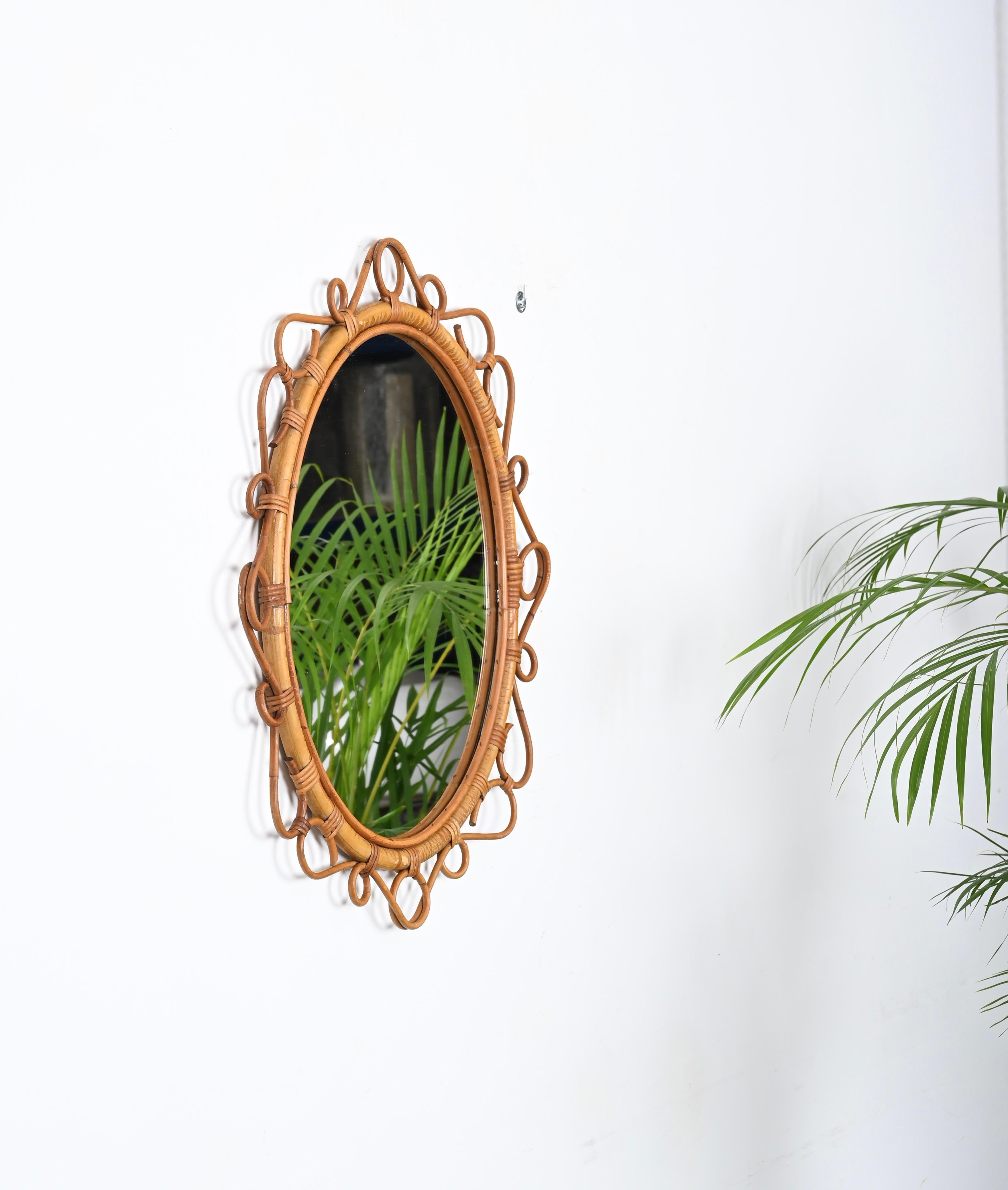 Italian French Riviera Oval Mirror in Rattan, Bamboo and Wicker, Italy 1970s